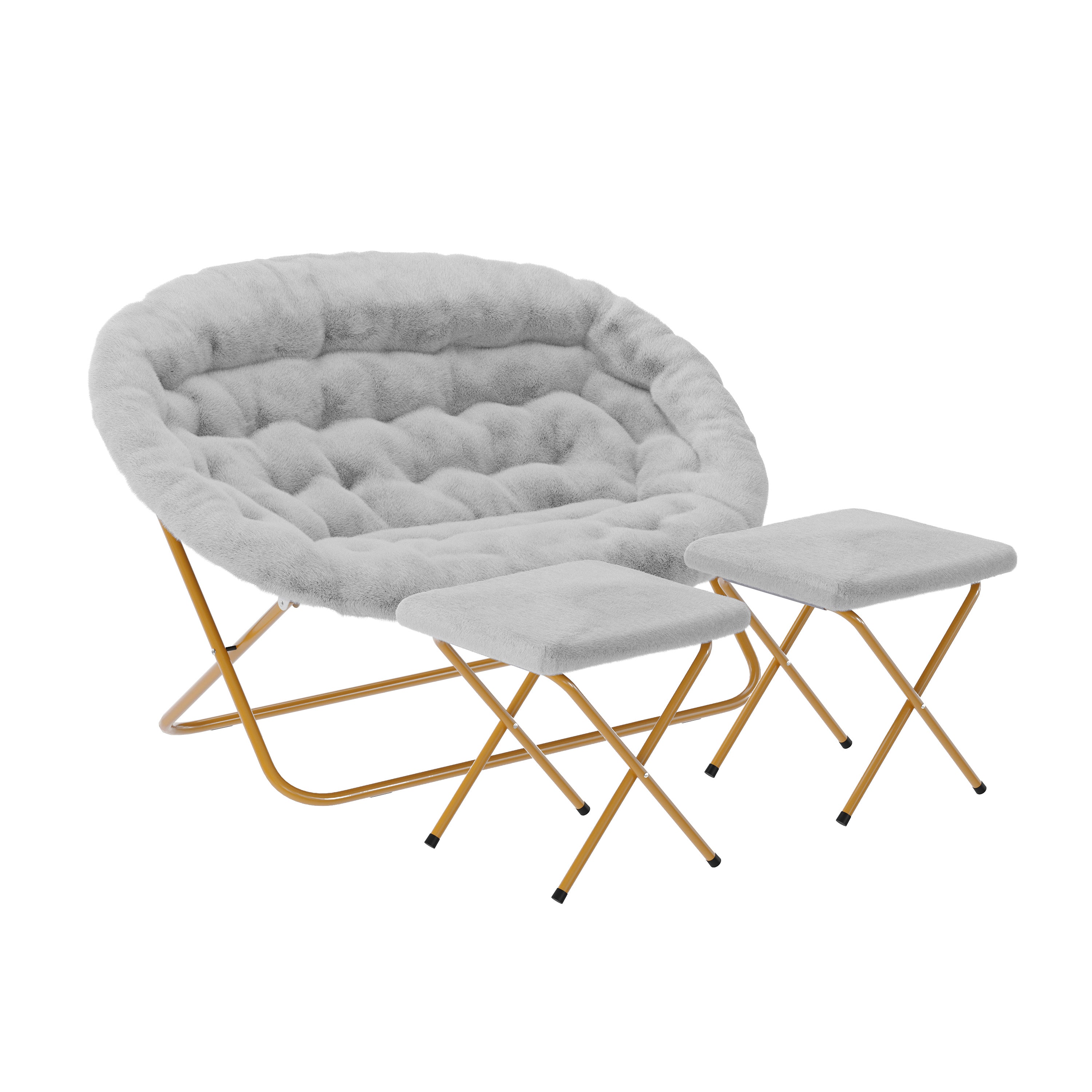 Eleanor 56" Portable Folding Double Saucer Chair with 2 Folding Ottomans Gray Faux Fur with a Soft Gold Steel Frame for Dorm or Bedroom