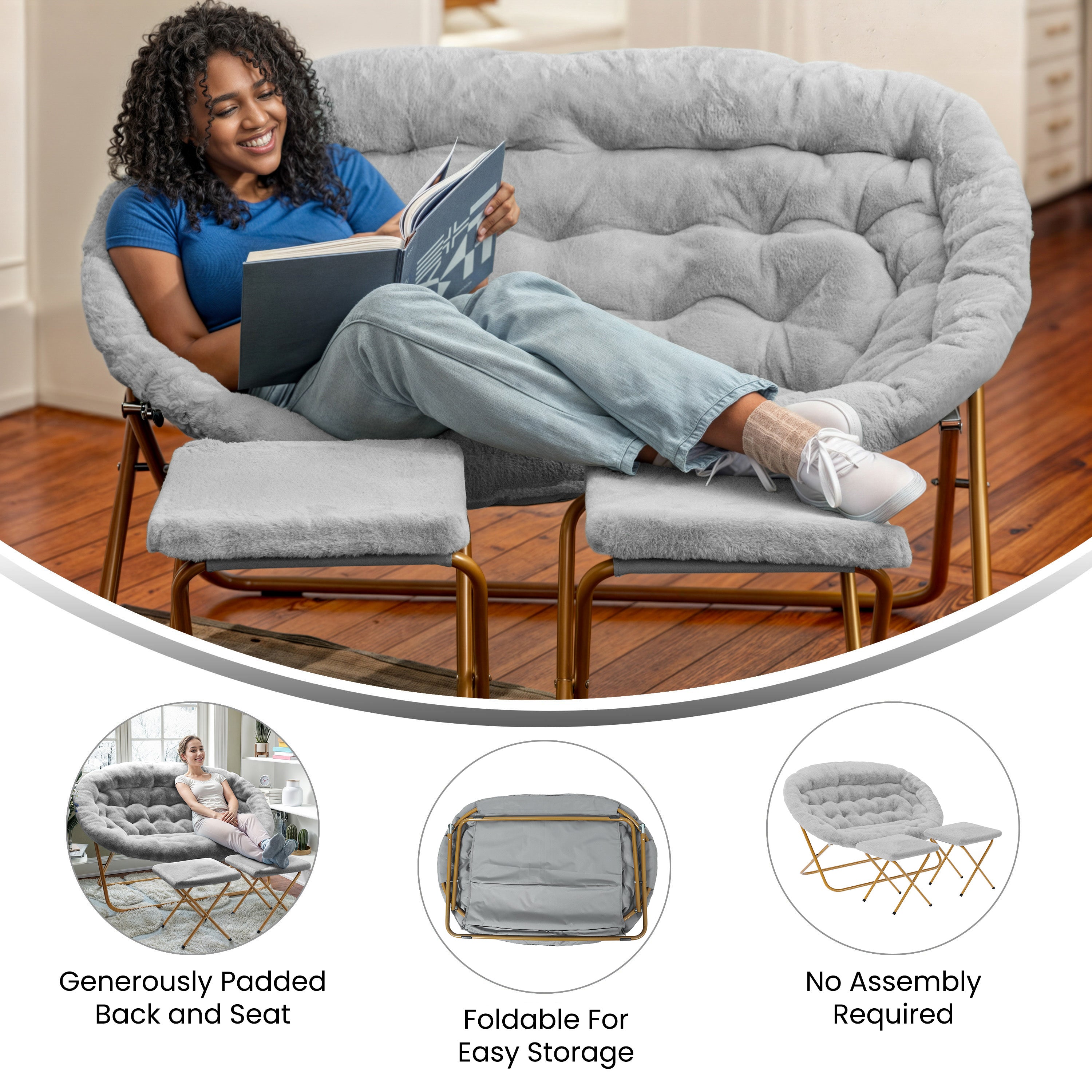 Eleanor 56" Portable Folding Double Saucer Chair with 2 Folding Ottomans Gray Faux Fur with a Soft Gold Steel Frame for Dorm or Bedroom
