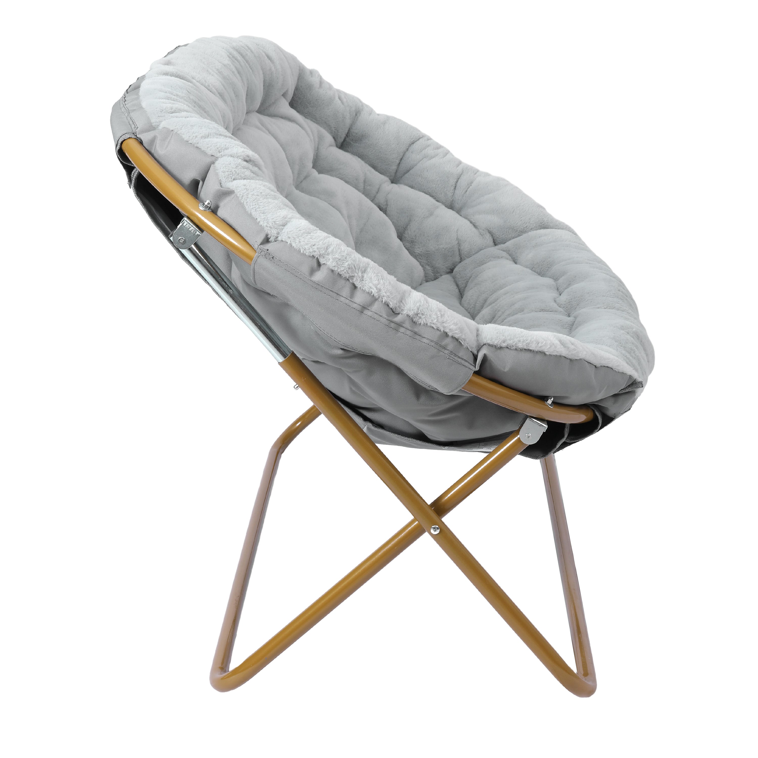 Eleanor 56" Portable Folding Double Saucer Chair with 2 Folding Ottomans Gray Faux Fur with a Soft Gold Steel Frame for Dorm or Bedroom