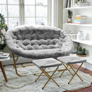 Eleanor 56" Portable Folding Double Saucer Chair with 2 Folding Ottomans Gray Faux Fur with a Soft Gold Steel Frame for Dorm or Bedroom