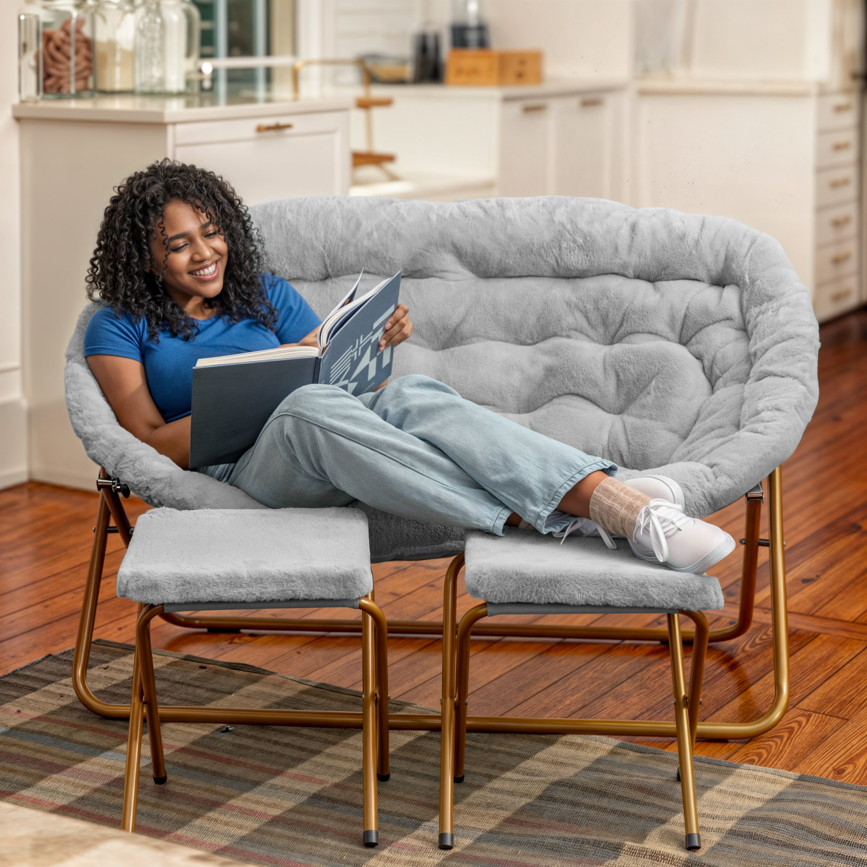 Eleanor 56" Portable Folding Double Saucer Chair with 2 Folding Ottomans Gray Faux Fur with a Soft Gold Steel Frame for Dorm or Bedroom