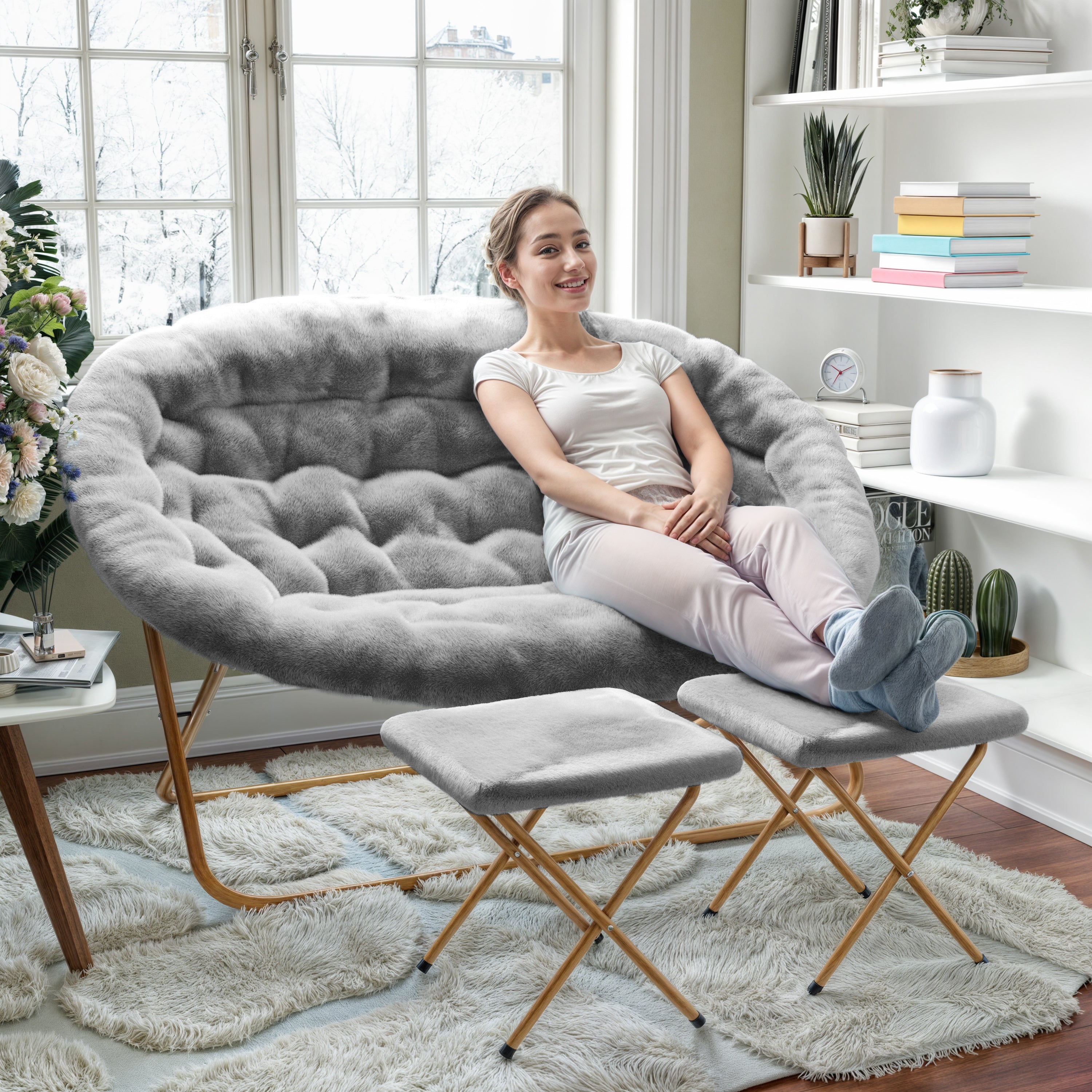 Eleanor 56" Portable Folding Double Saucer Chair with 2 Folding Ottomans Gray Faux Fur with a Soft Gold Steel Frame for Dorm or Bedroom