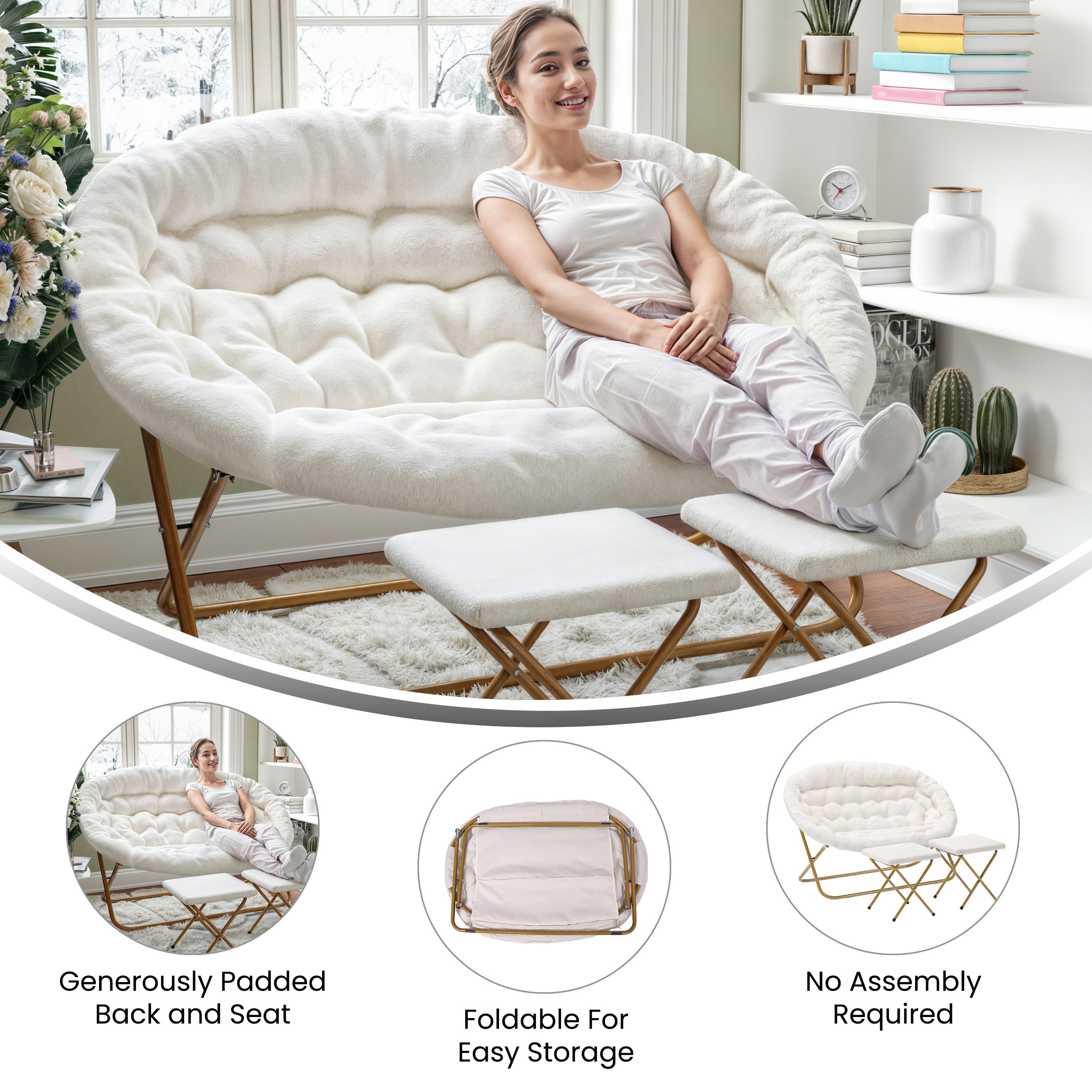 Eleanor 56" Portable Folding Double Saucer Chair with 2 Folding Ottomans Ivory Faux Shearling with a Soft Gold Steel Frame for Dorm or Bedroom