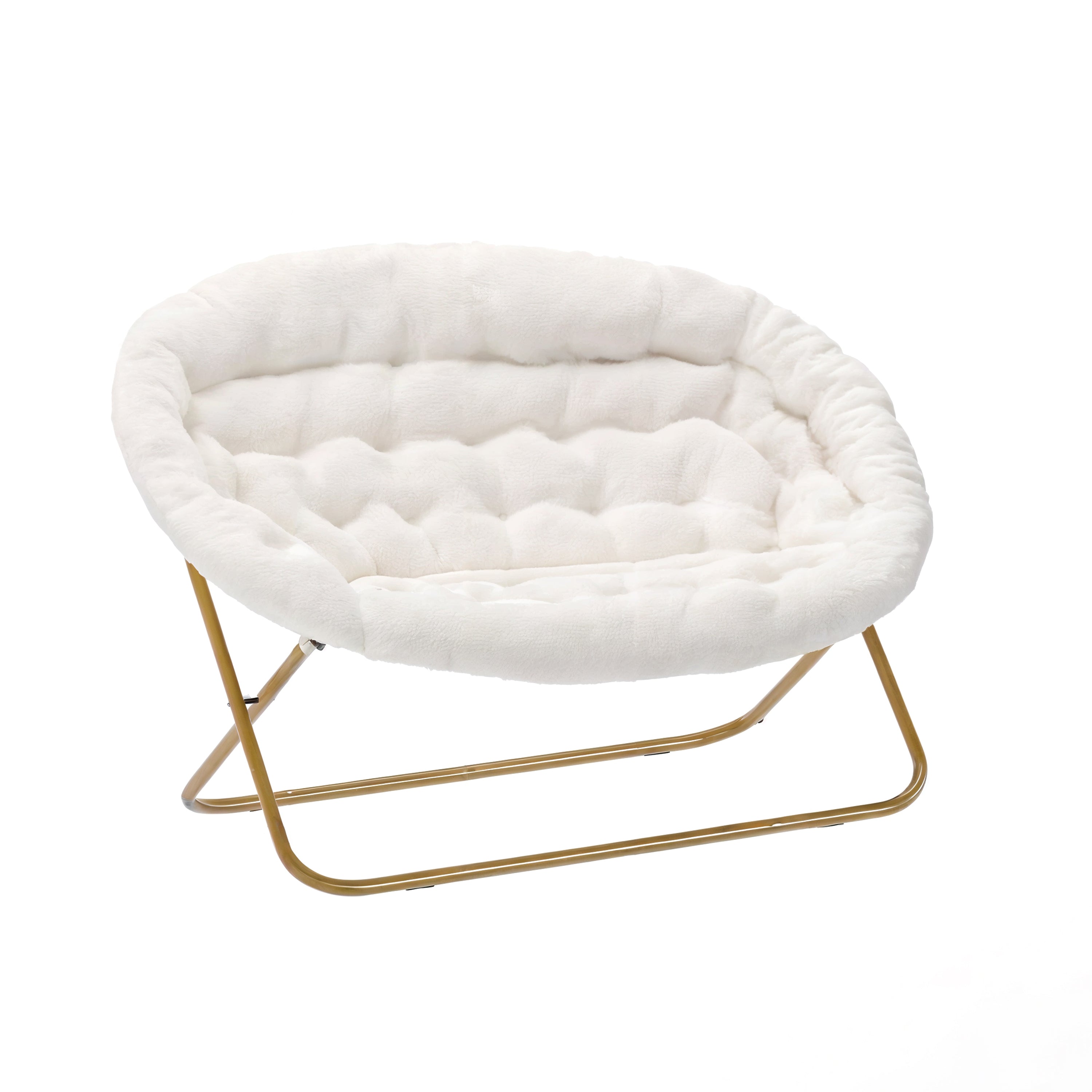 Eleanor 56" Portable Folding Double Saucer Chair with 2 Folding Ottomans Ivory Faux Shearling with a Soft Gold Steel Frame for Dorm or Bedroom