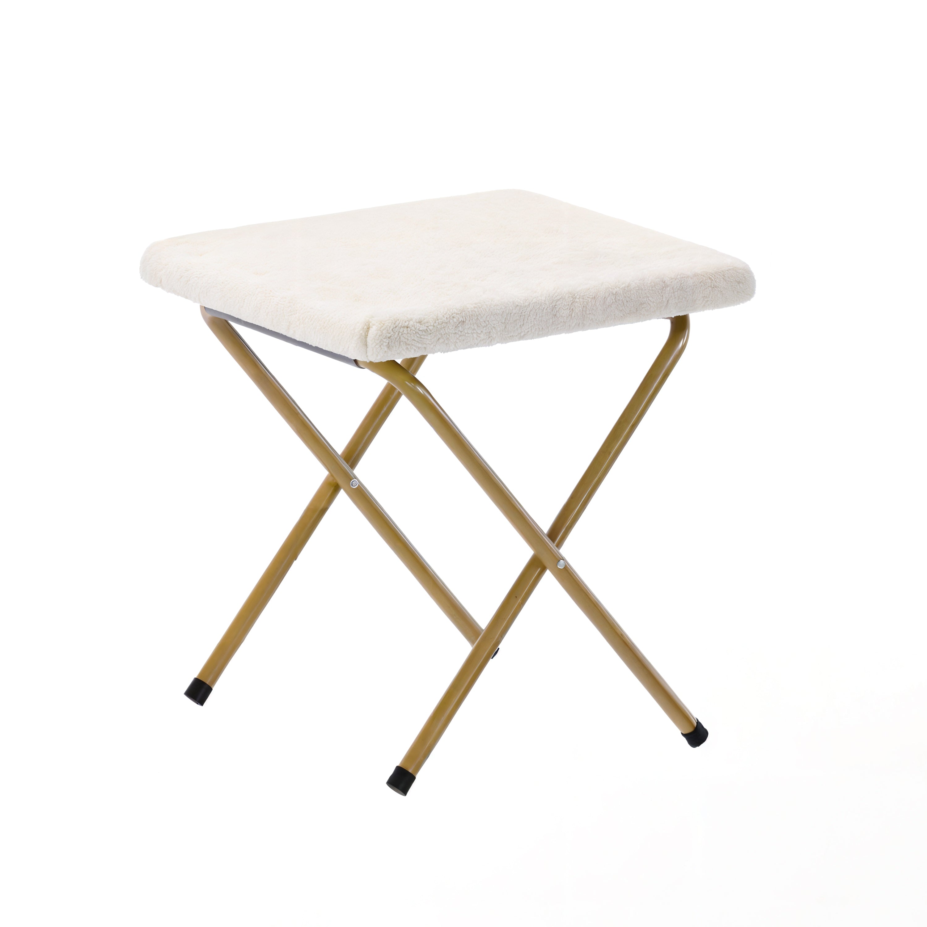 Eleanor 56" Portable Folding Double Saucer Chair with 2 Folding Ottomans Ivory Faux Shearling with a Soft Gold Steel Frame for Dorm or Bedroom