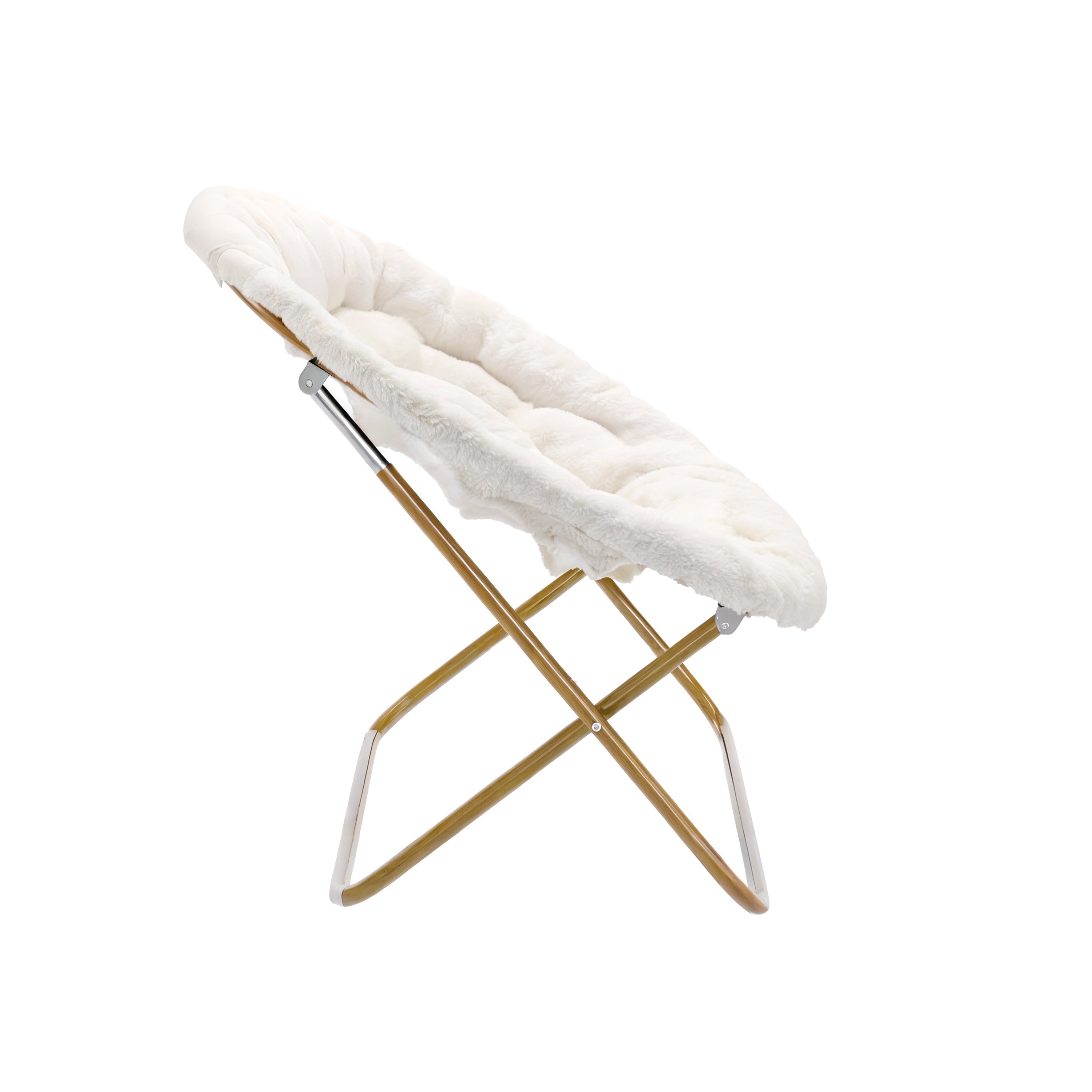 Eleanor 56" Portable Folding Double Saucer Chair with 2 Folding Ottomans Ivory Faux Shearling with a Soft Gold Steel Frame for Dorm or Bedroom