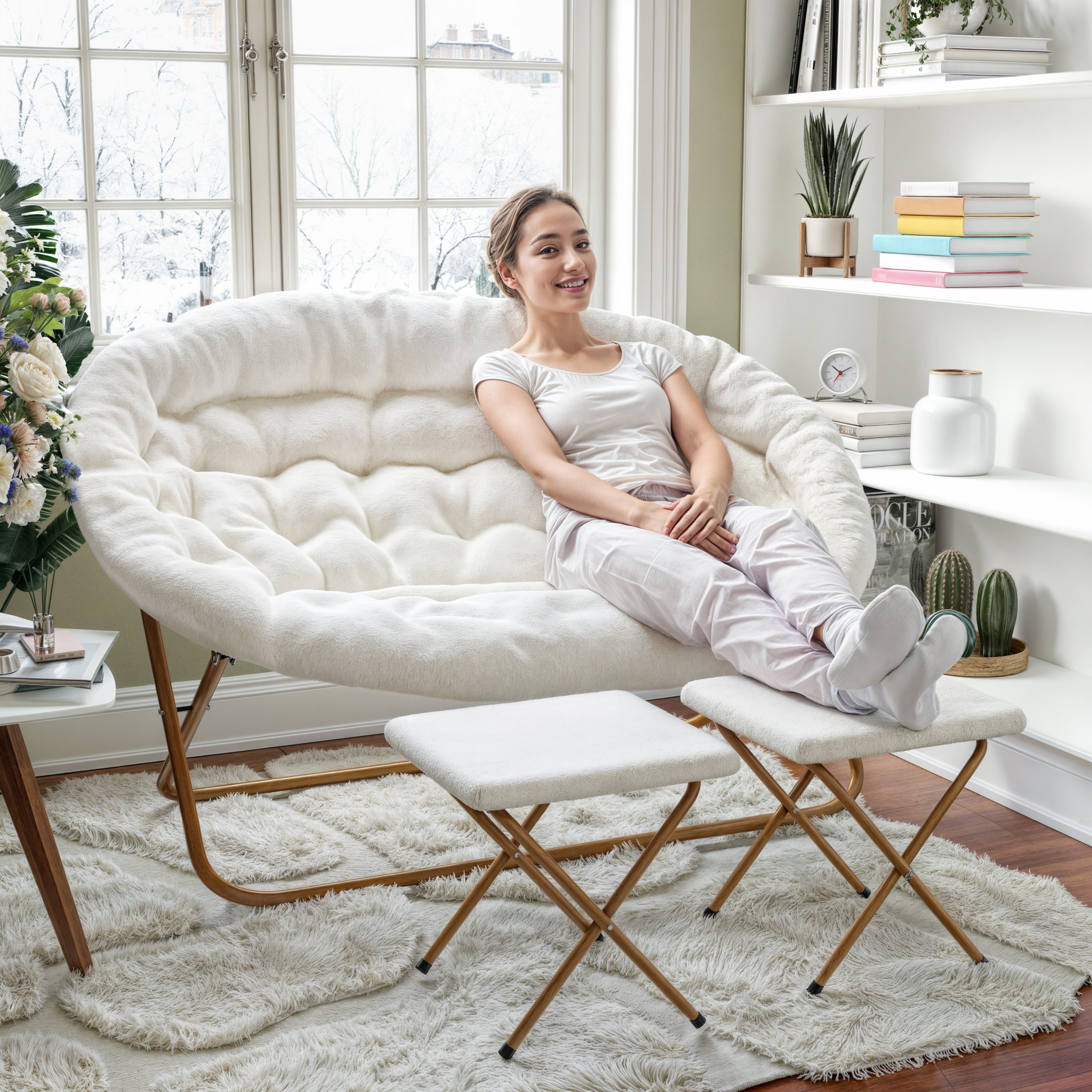 Eleanor 56" Portable Folding Double Saucer Chair with 2 Folding Ottomans Ivory Faux Shearling with a Soft Gold Steel Frame for Dorm or Bedroom