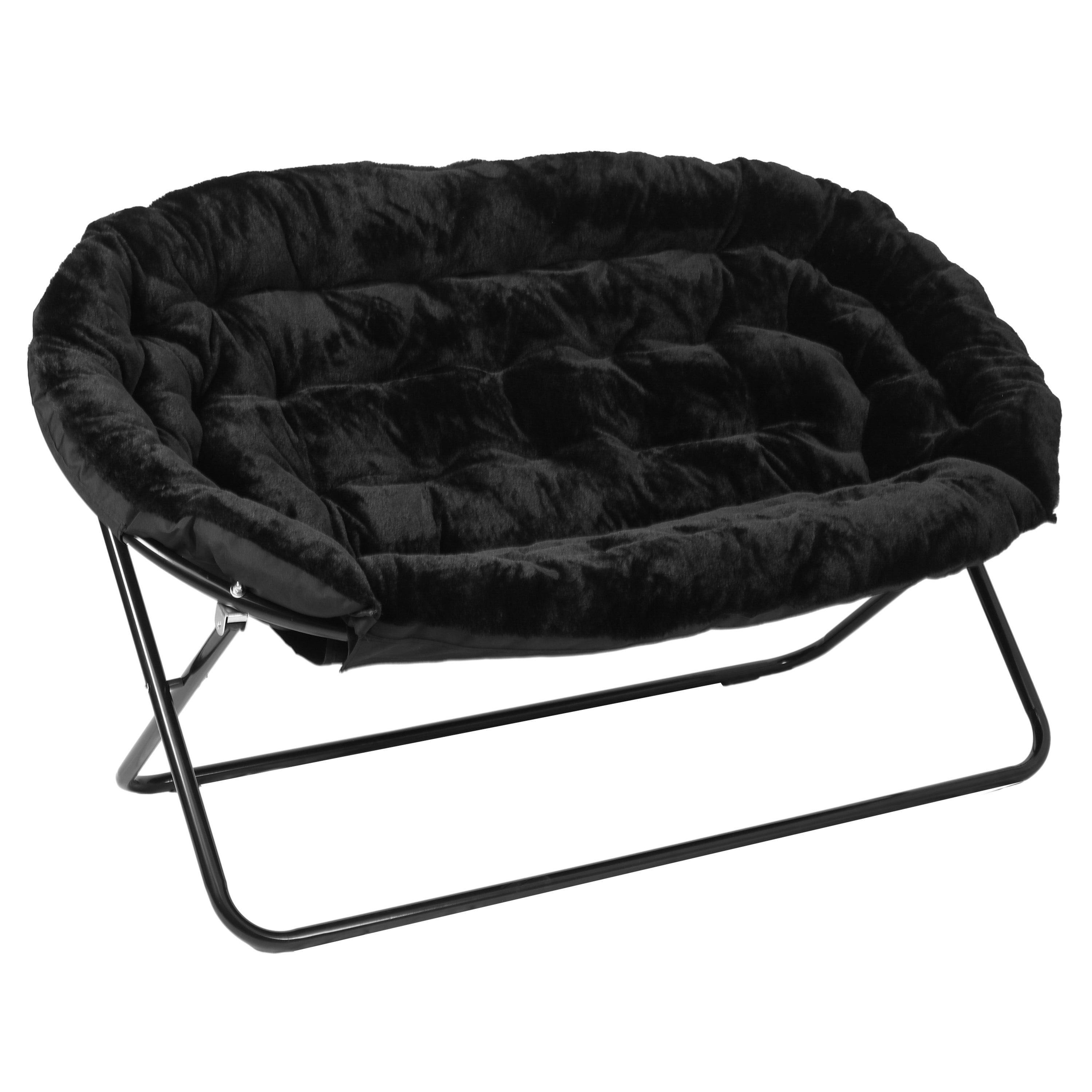 Eleanor 56" Portable Folding Double Saucer Chair in Black Faux Fur with a Black Steel Frame for Dorm, Living Room, or Bedroom