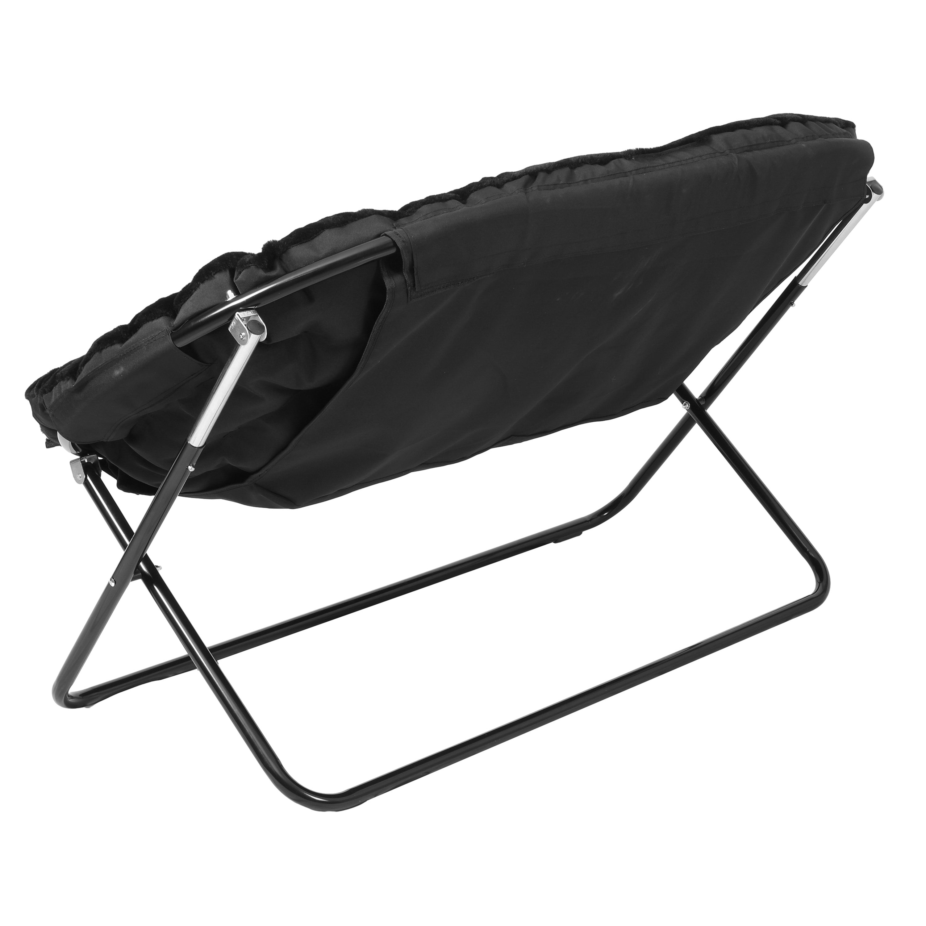 Eleanor 56" Portable Folding Double Saucer Chair in Black Faux Fur with a Black Steel Frame for Dorm, Living Room, or Bedroom