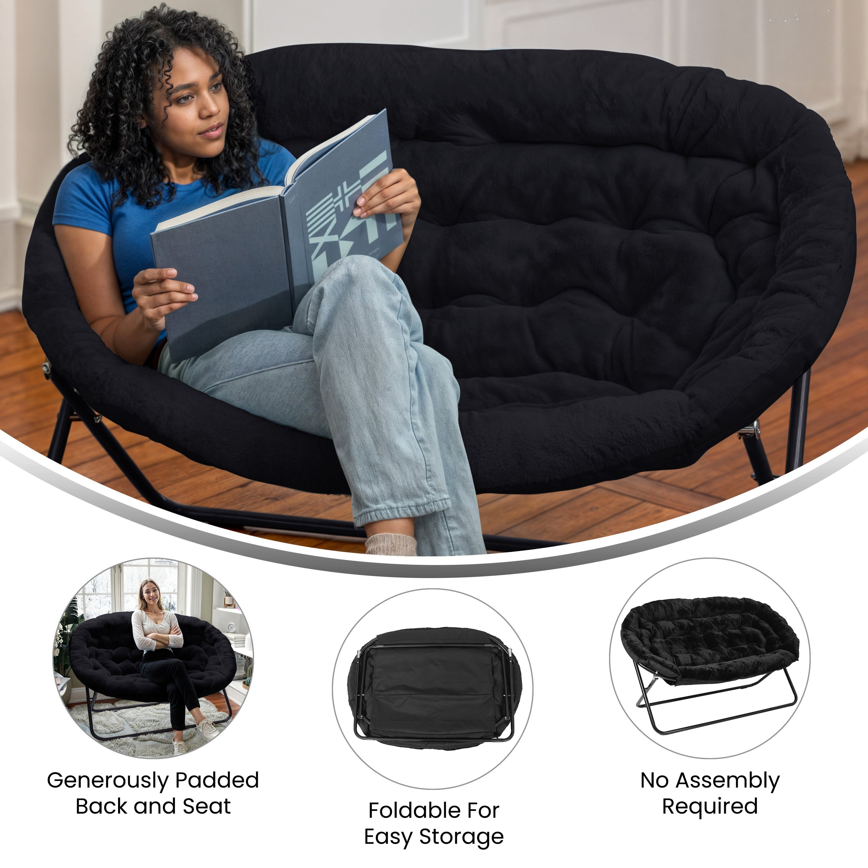 Eleanor 56" Portable Folding Double Saucer Chair in Black Faux Fur with a Black Steel Frame for Dorm, Living Room, or Bedroom