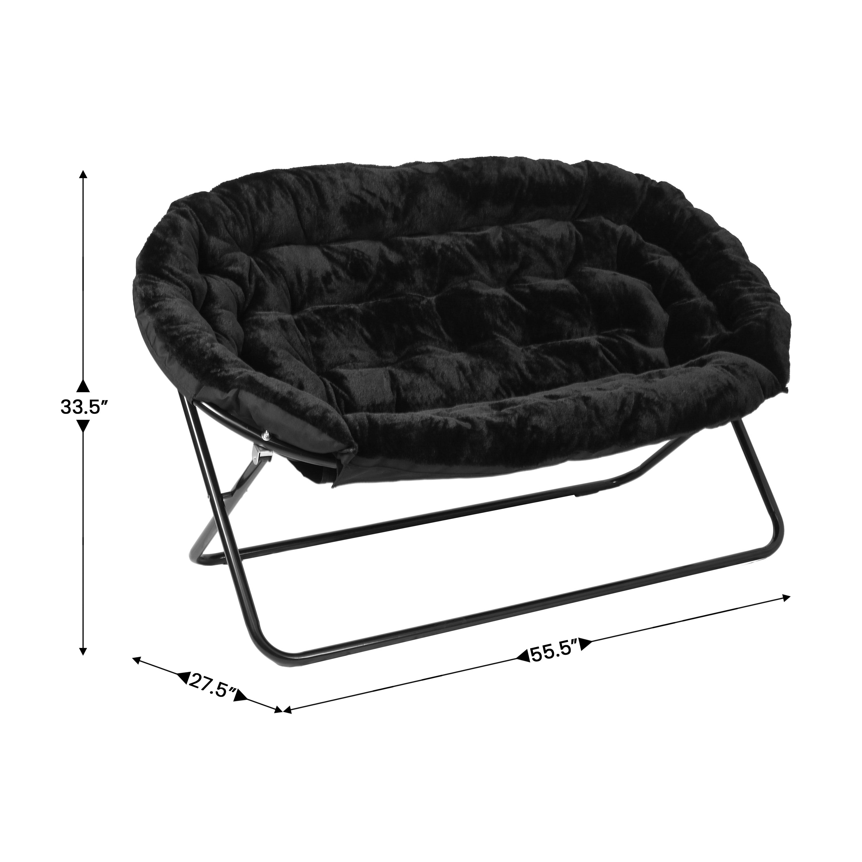 Eleanor 56" Portable Folding Double Saucer Chair in Black Faux Fur with a Black Steel Frame for Dorm, Living Room, or Bedroom