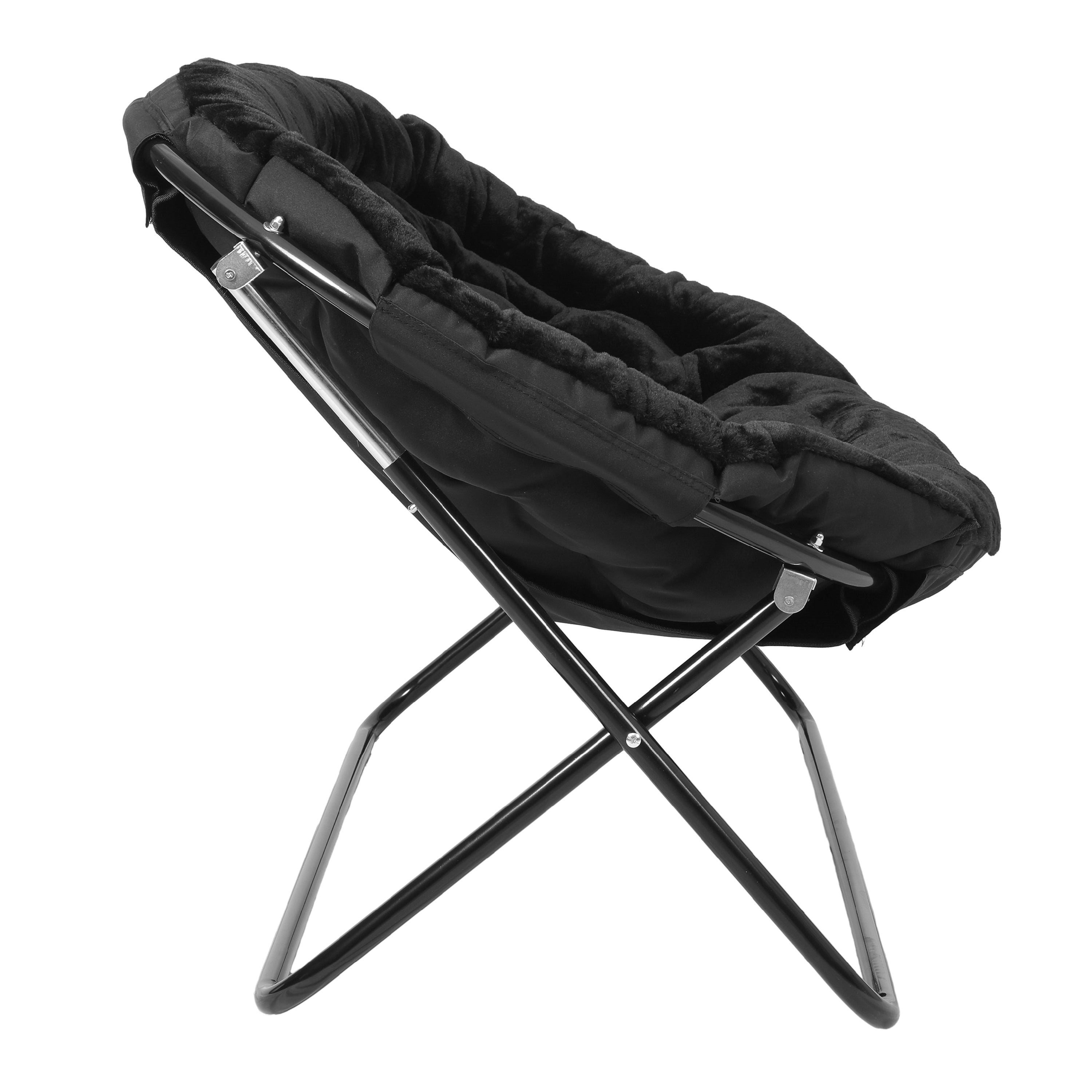 Eleanor 56" Portable Folding Double Saucer Chair in Black Faux Fur with a Black Steel Frame for Dorm, Living Room, or Bedroom