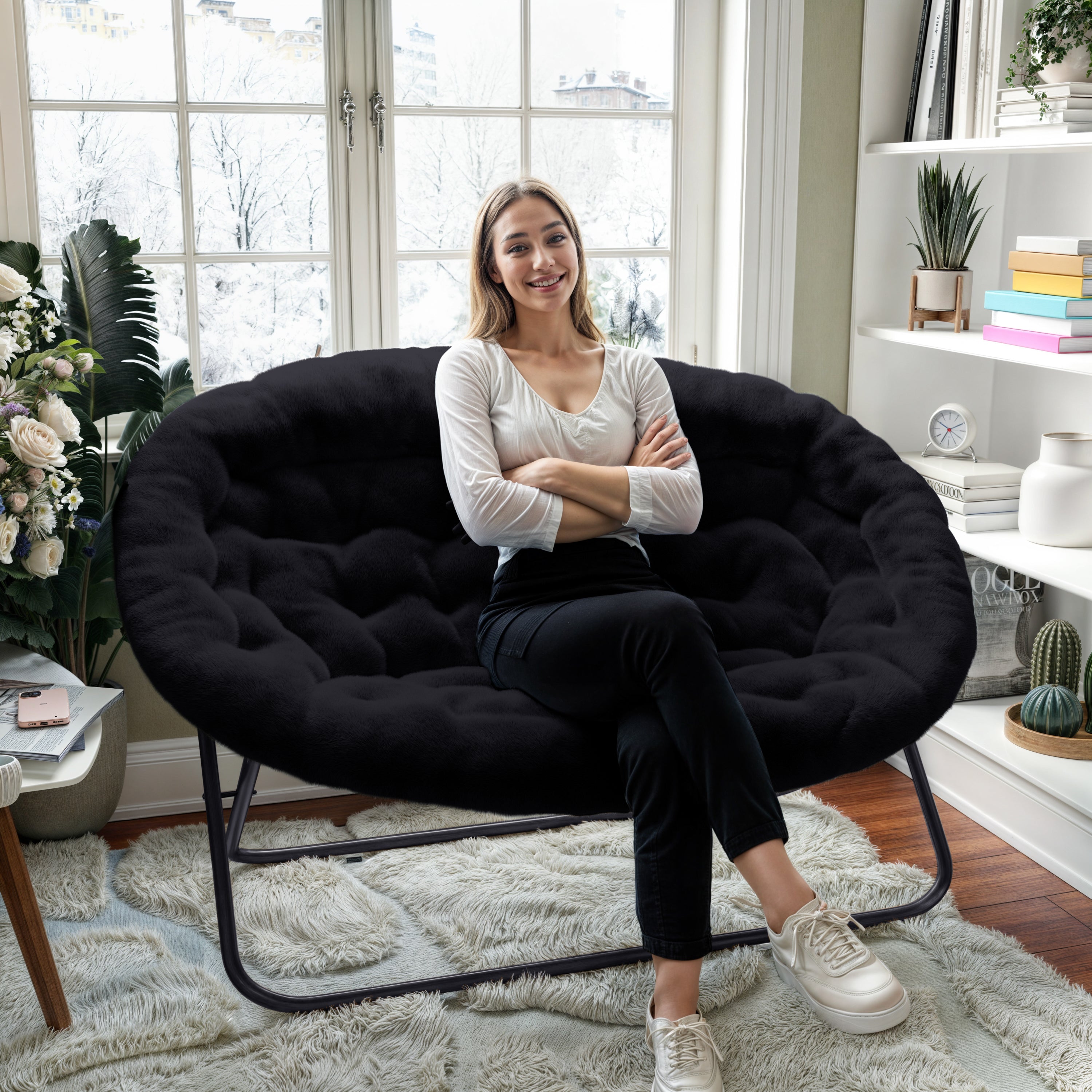 Eleanor 56" Portable Folding Double Saucer Chair in Black Faux Fur with a Black Steel Frame for Dorm, Living Room, or Bedroom