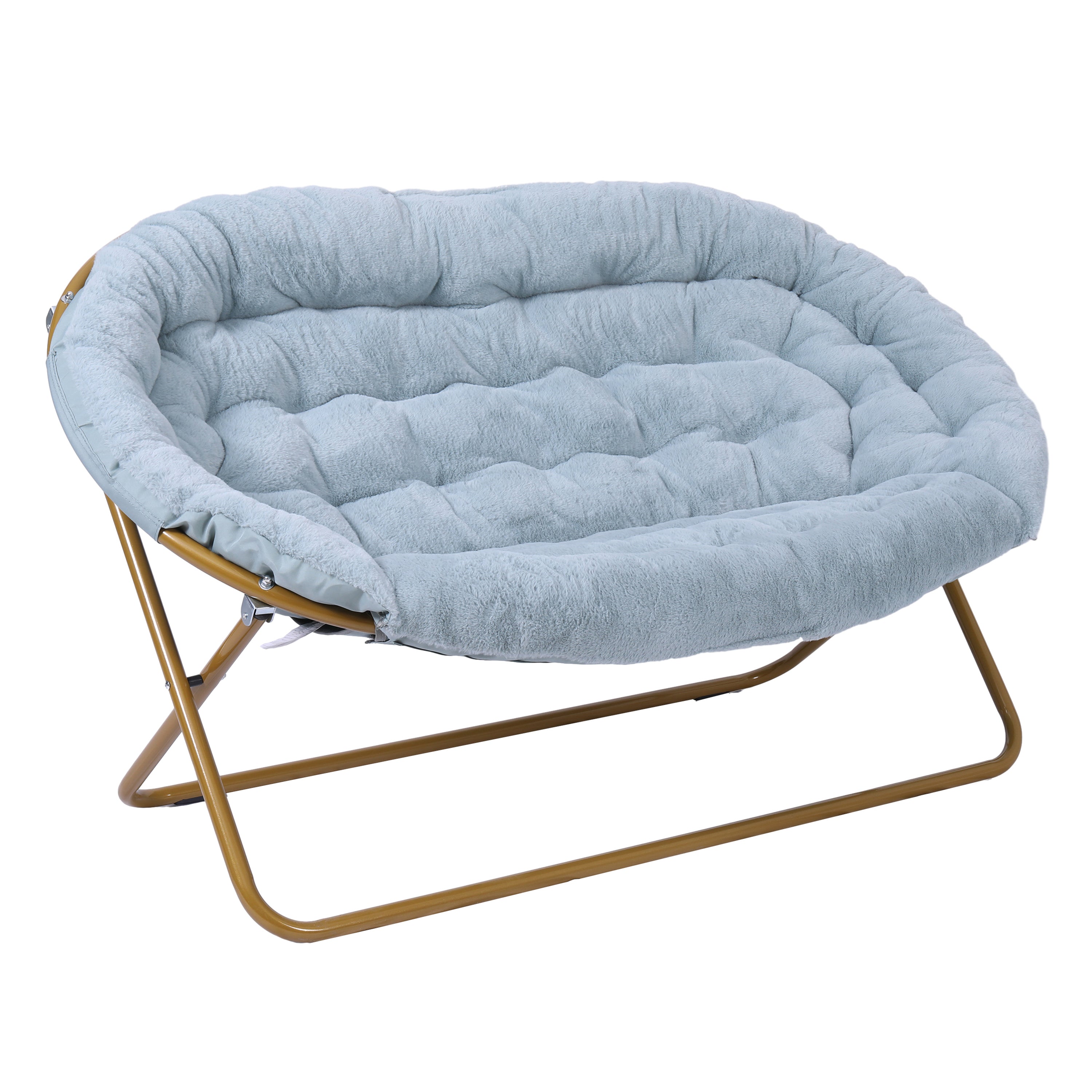 Eleanor 56" Portable Folding Double Saucer Chair in Dusty Aqua Faux Fur with a Soft Gold Steel Frame for Dorm, Living Room, or Bedroom