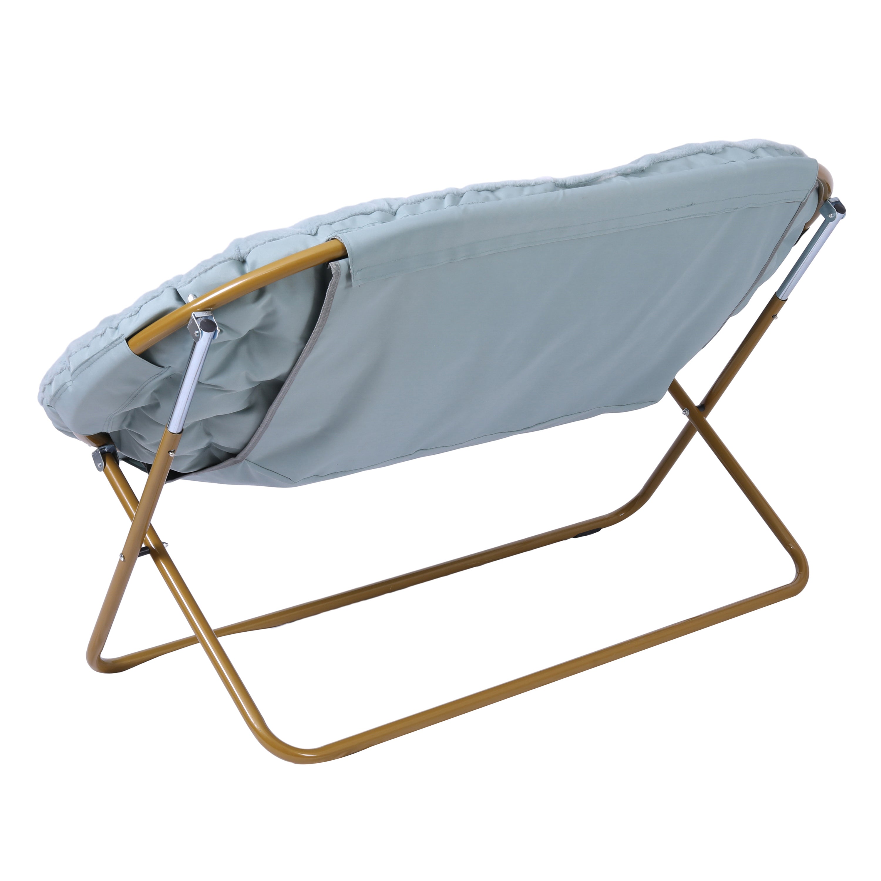 Eleanor 56" Portable Folding Double Saucer Chair in Dusty Aqua Faux Fur with a Soft Gold Steel Frame for Dorm, Living Room, or Bedroom