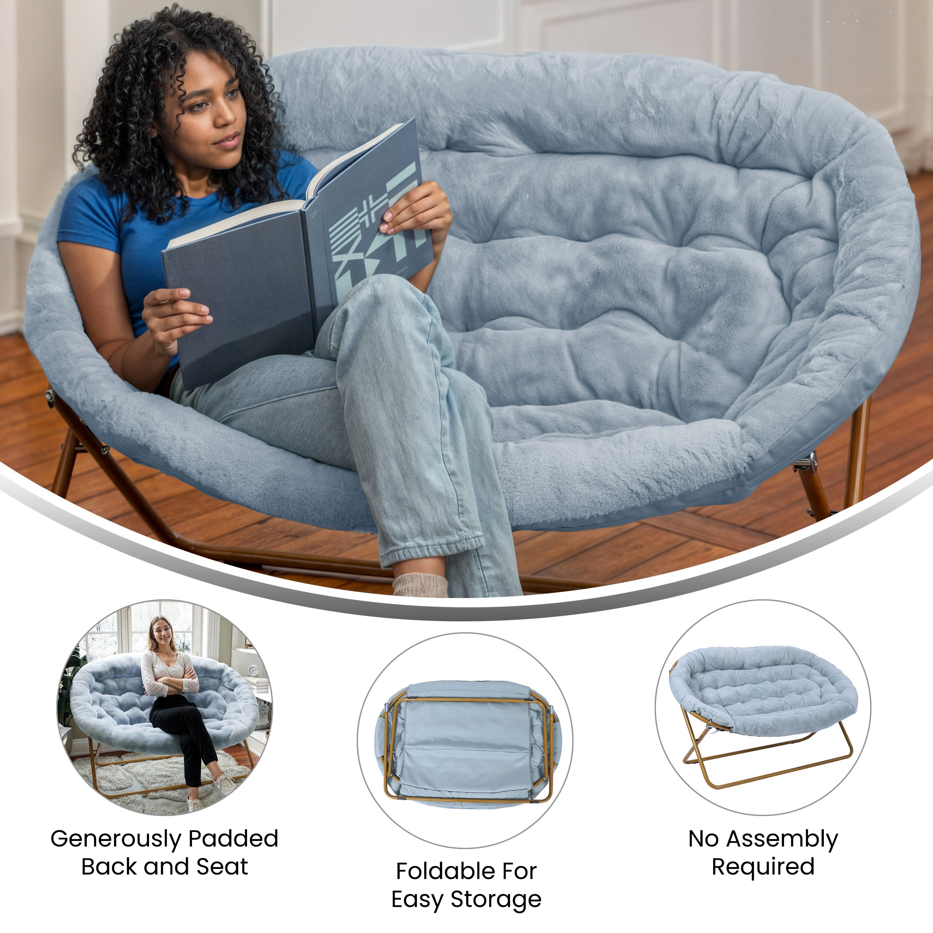Eleanor 56" Portable Folding Double Saucer Chair in Dusty Aqua Faux Fur with a Soft Gold Steel Frame for Dorm, Living Room, or Bedroom