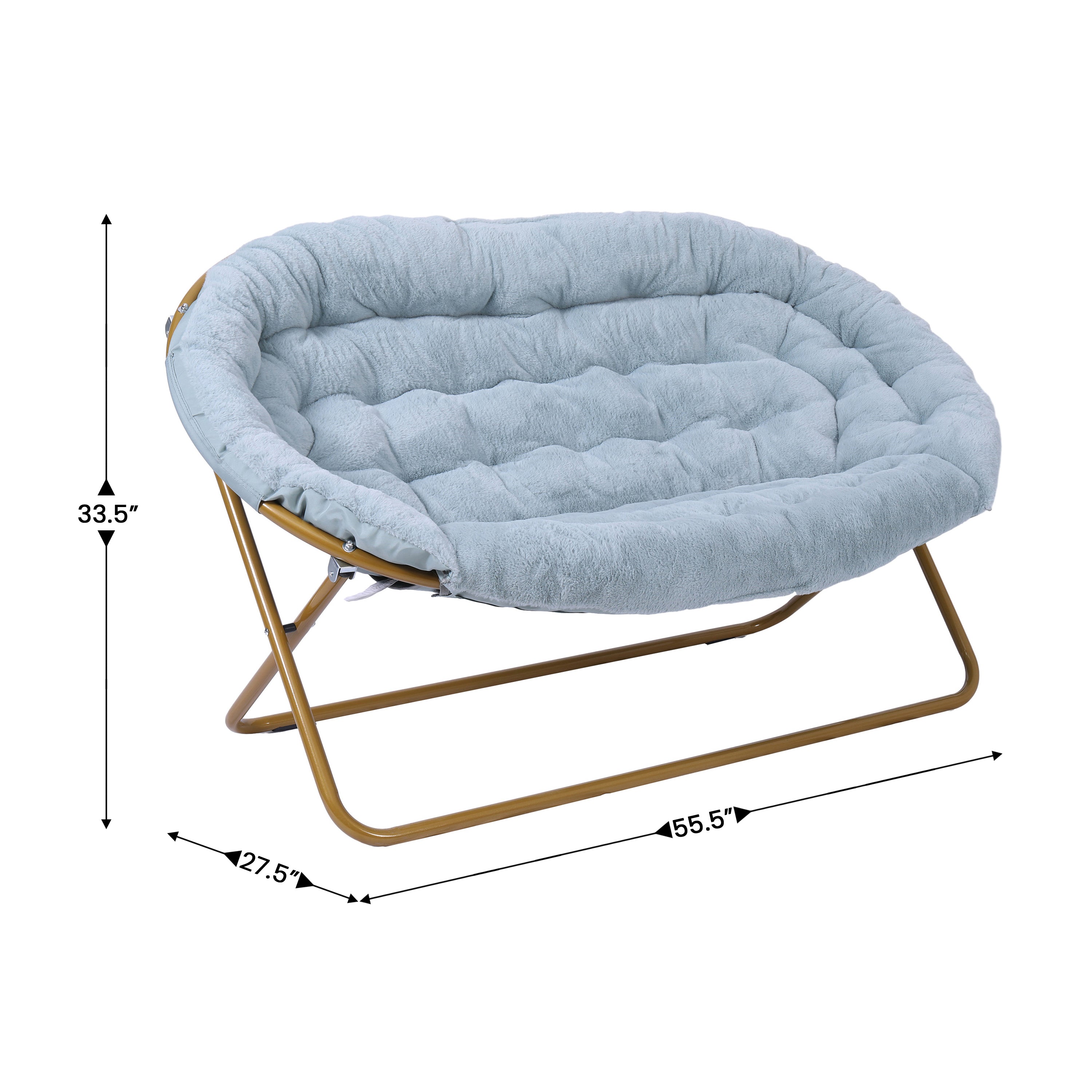 Eleanor 56" Portable Folding Double Saucer Chair in Dusty Aqua Faux Fur with a Soft Gold Steel Frame for Dorm, Living Room, or Bedroom