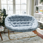 Eleanor 56" Portable Folding Double Saucer Chair in Dusty Aqua Faux Fur with a Soft Gold Steel Frame for Dorm, Living Room, or Bedroom