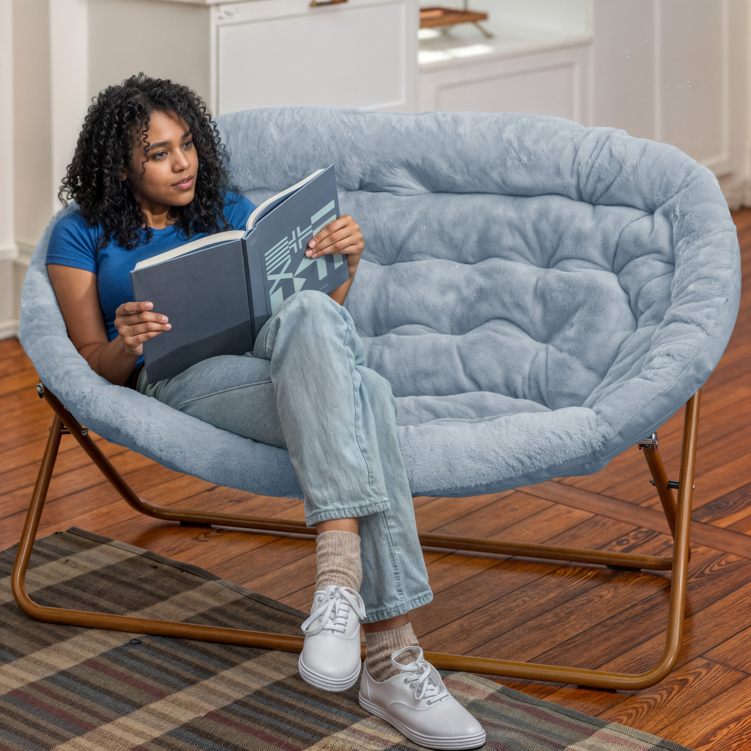 Eleanor 56" Portable Folding Double Saucer Chair in Dusty Aqua Faux Fur with a Soft Gold Steel Frame for Dorm, Living Room, or Bedroom