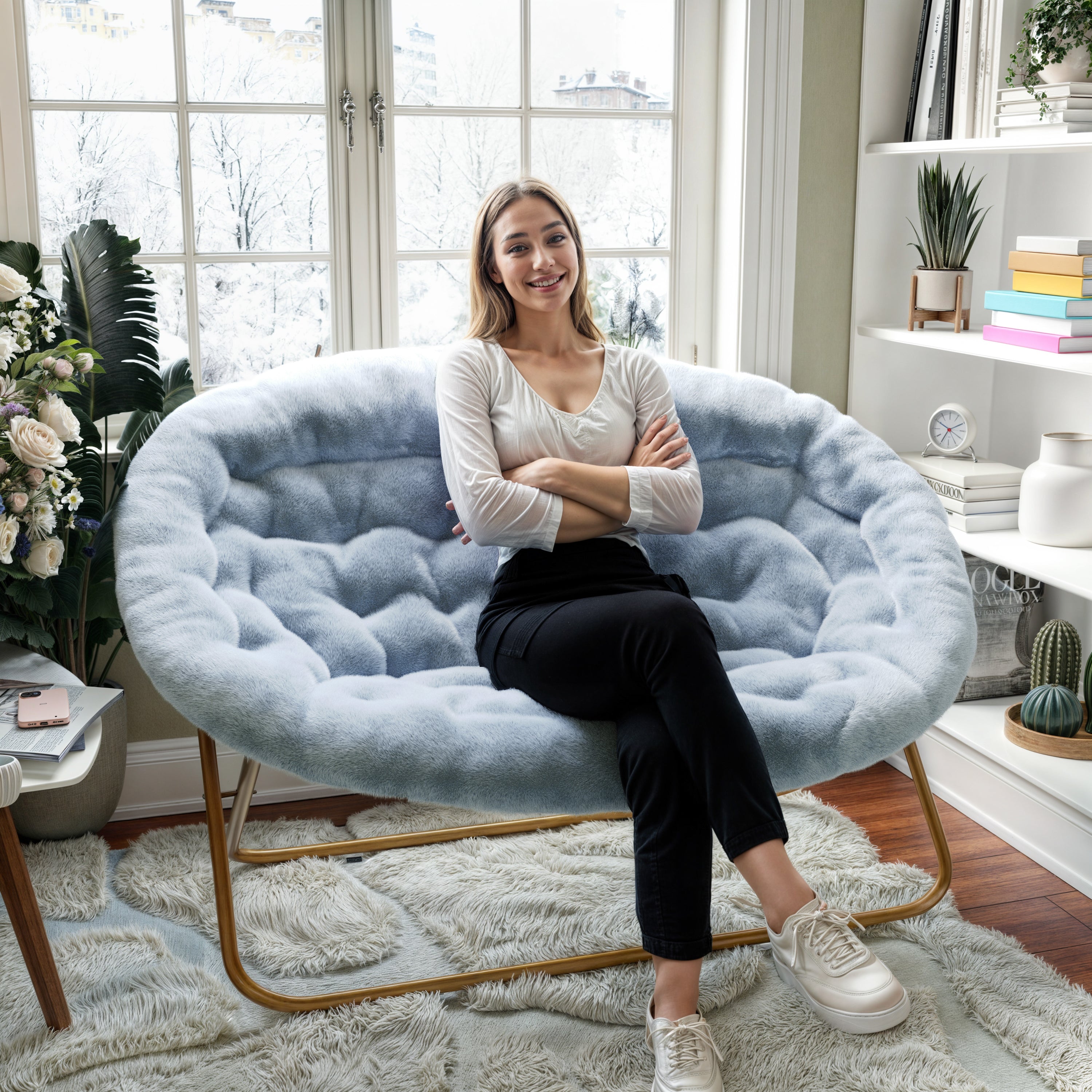 Eleanor 56" Portable Folding Double Saucer Chair in Dusty Aqua Faux Fur with a Soft Gold Steel Frame for Dorm, Living Room, or Bedroom