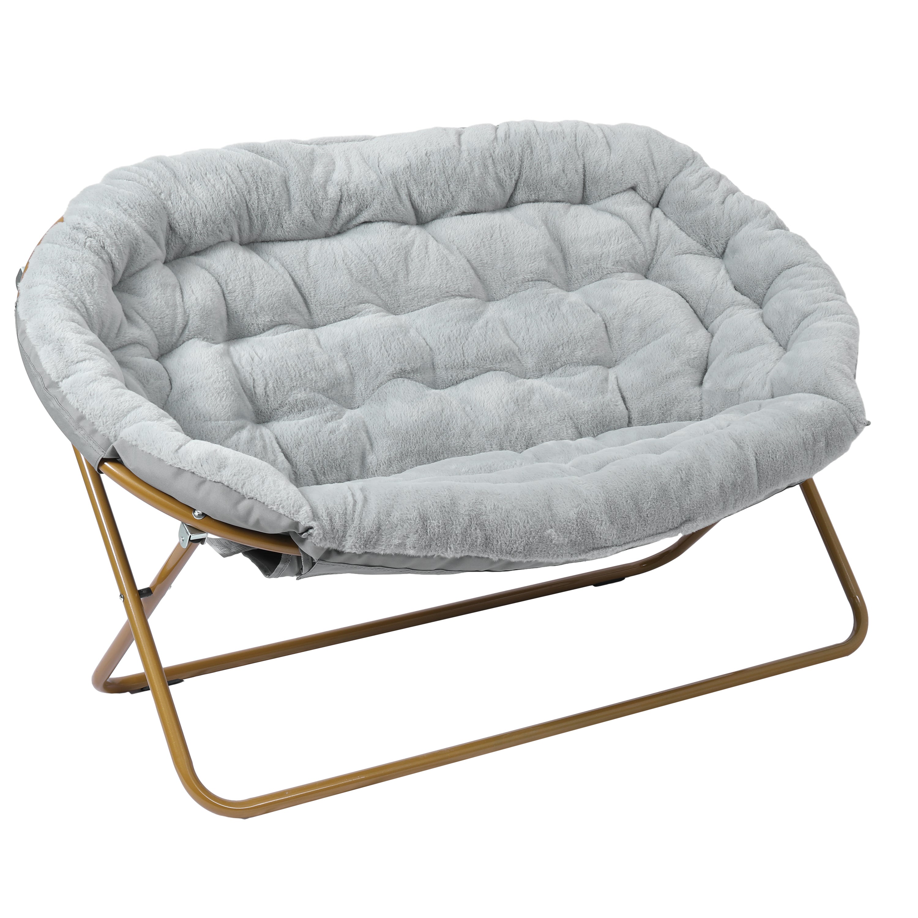 Eleanor 56" Portable Folding Double Saucer Chair in Gray Faux Fur with a Soft Gold Steel Frame for Dorm, Living Room, or Bedroom
