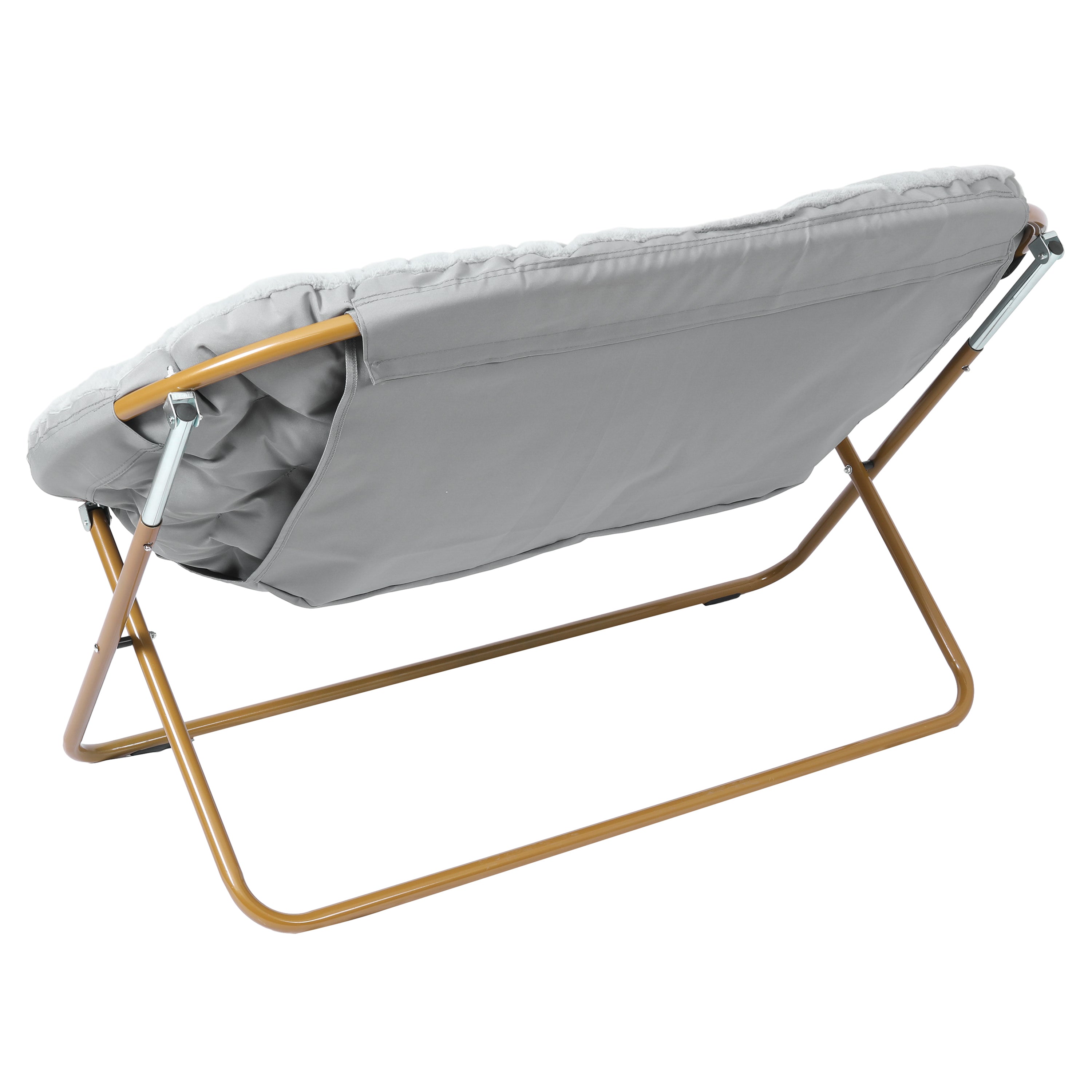 Eleanor 56" Portable Folding Double Saucer Chair in Gray Faux Fur with a Soft Gold Steel Frame for Dorm, Living Room, or Bedroom