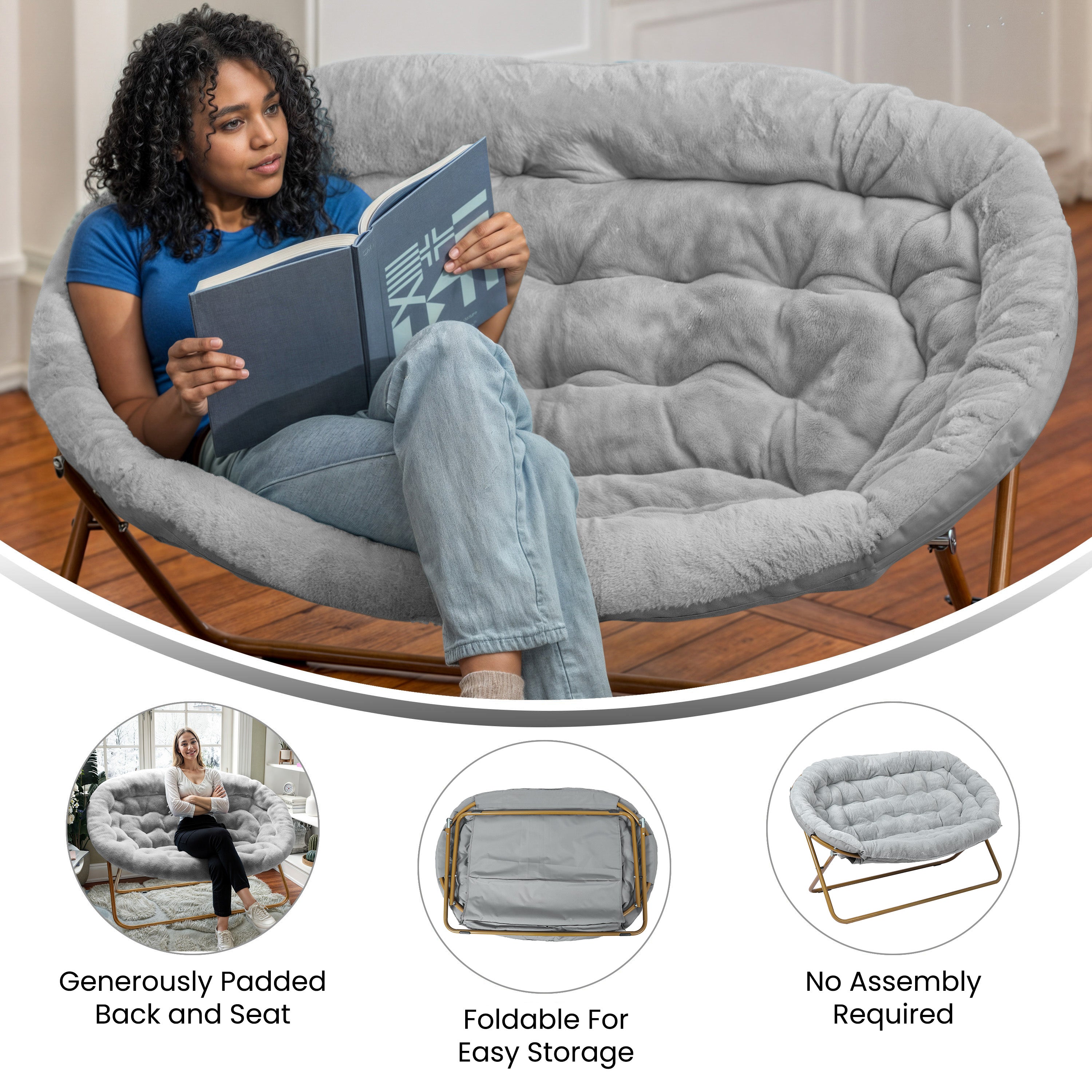 Eleanor 56" Portable Folding Double Saucer Chair in Gray Faux Fur with a Soft Gold Steel Frame for Dorm, Living Room, or Bedroom