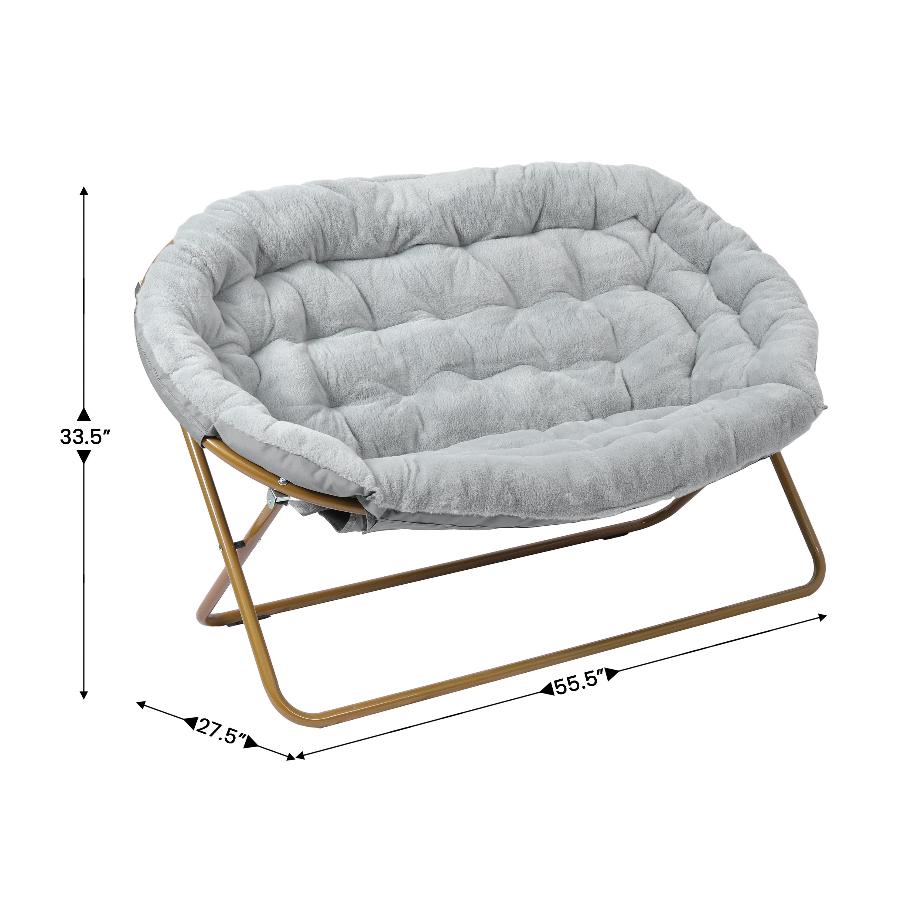 Eleanor 56" Portable Folding Double Saucer Chair in Gray Faux Fur with a Soft Gold Steel Frame for Dorm, Living Room, or Bedroom