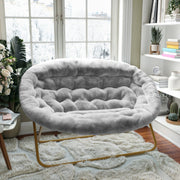 Eleanor 56" Portable Folding Double Saucer Chair in Gray Faux Fur with a Soft Gold Steel Frame for Dorm, Living Room, or Bedroom