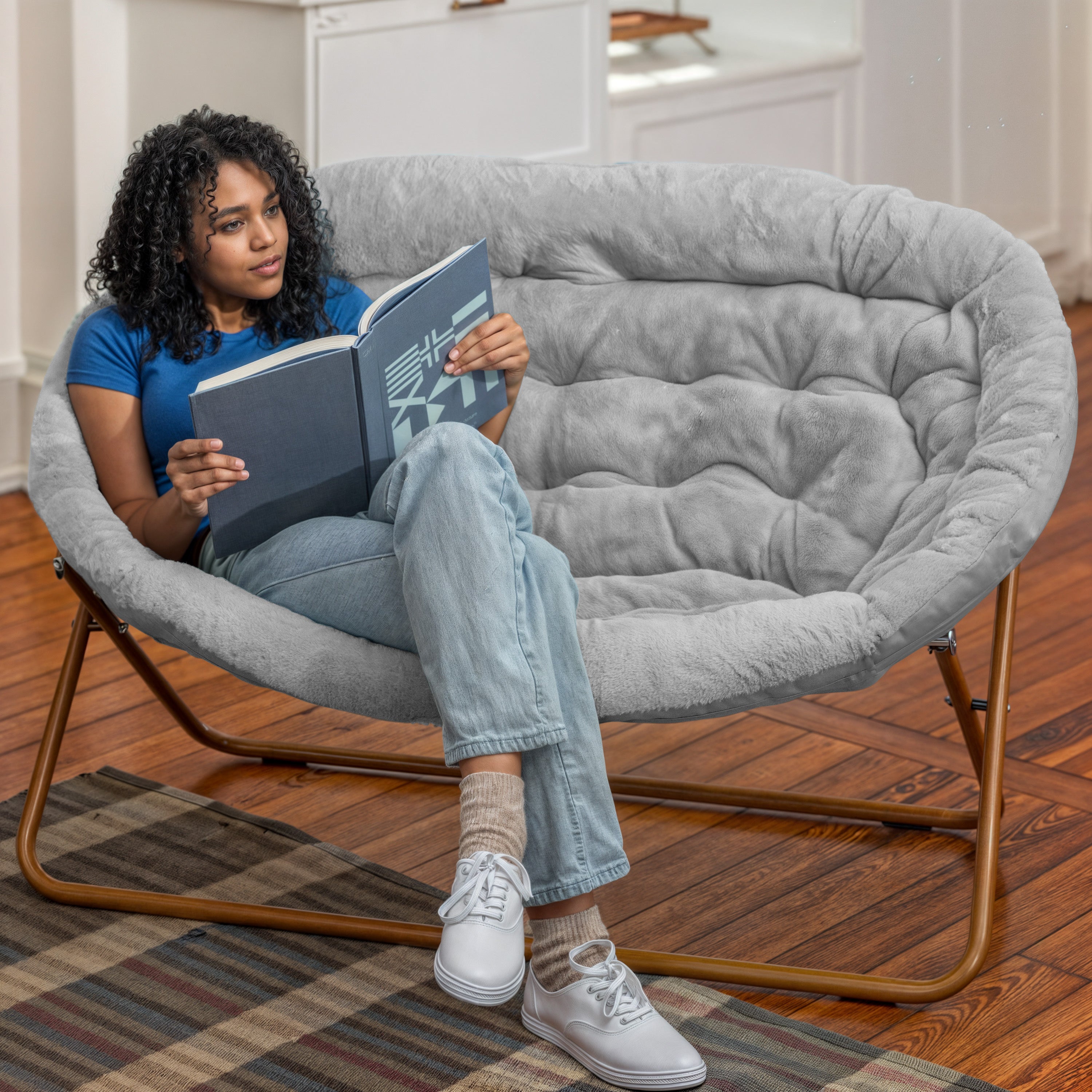 Eleanor 56" Portable Folding Double Saucer Chair in Gray Faux Fur with a Soft Gold Steel Frame for Dorm, Living Room, or Bedroom