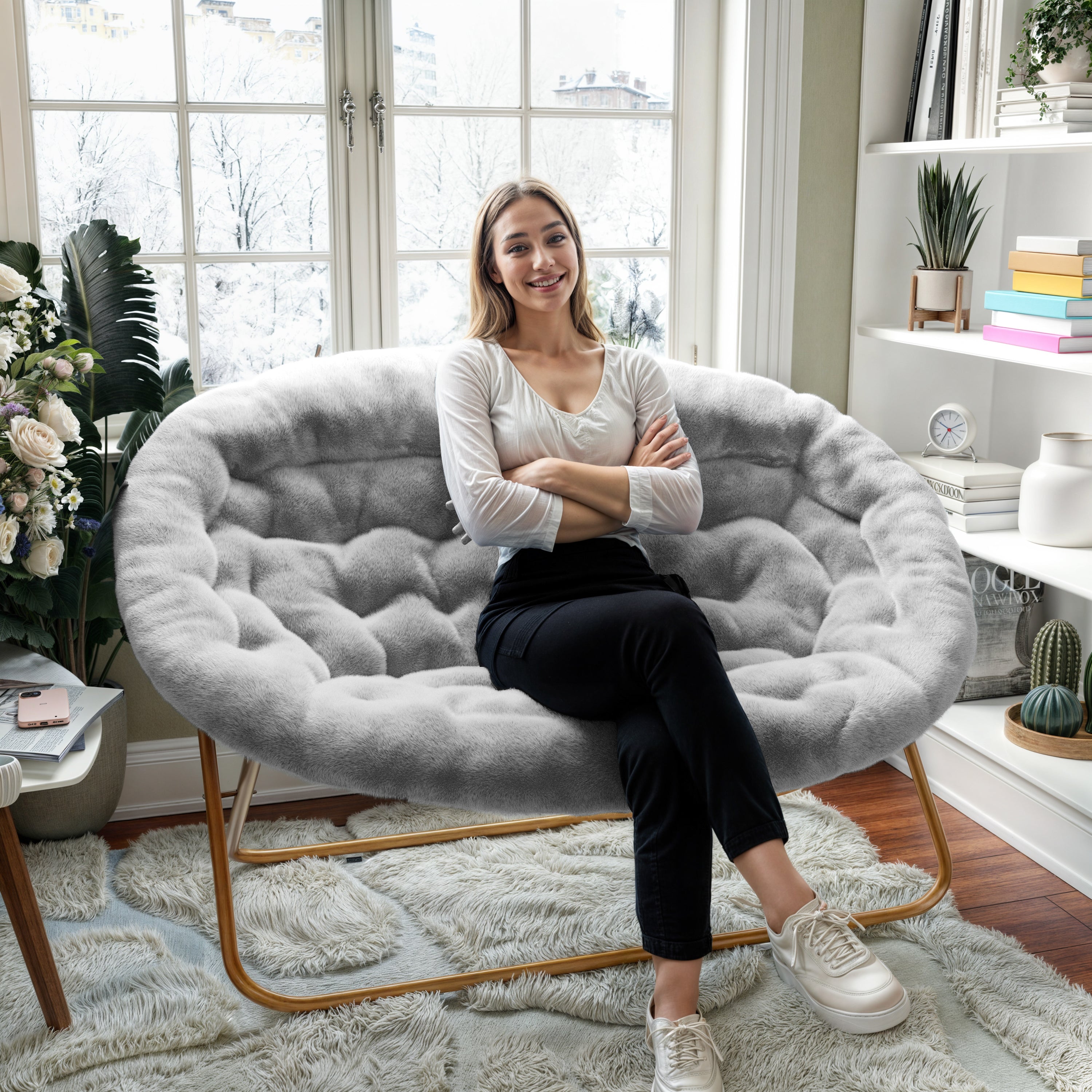 Eleanor 56" Portable Folding Double Saucer Chair in Gray Faux Fur with a Soft Gold Steel Frame for Dorm, Living Room, or Bedroom