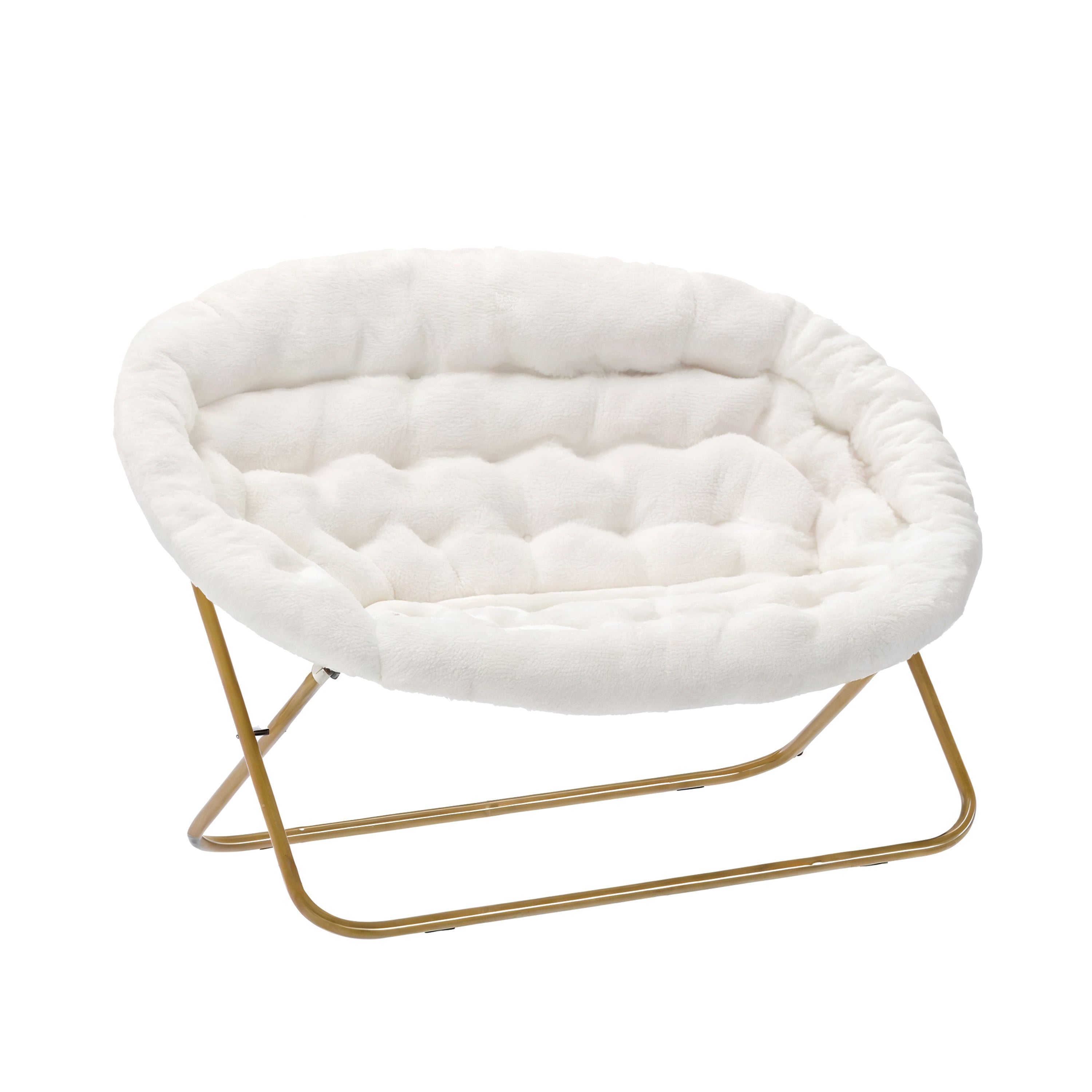 Eleanor 56" Portable Folding Double Saucer Chair in Ivory Faux Shearling with a Soft Gold Steel Frame for Dorm, Living Room, or Bedroom