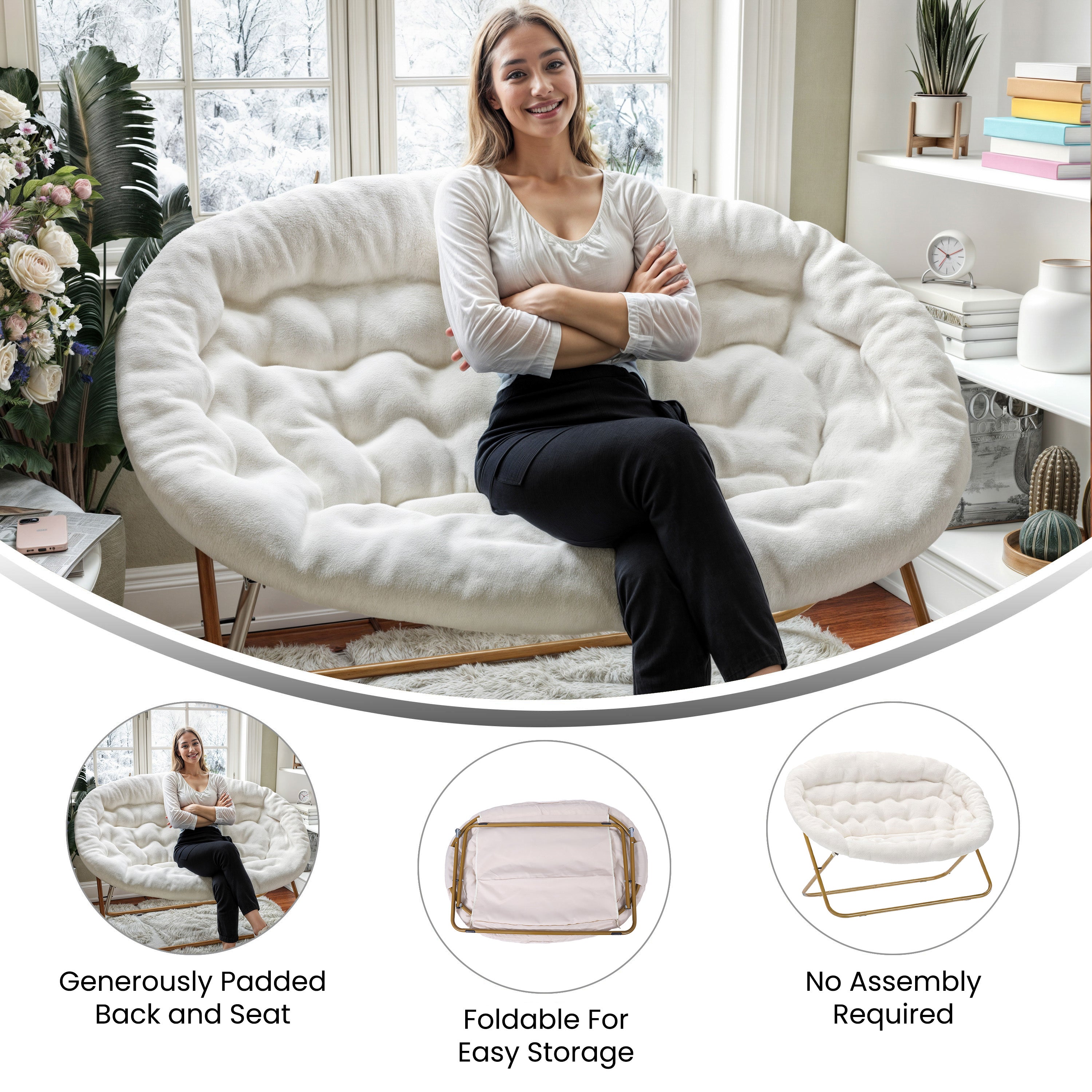 Eleanor 56" Portable Folding Double Saucer Chair in Ivory Faux Shearling with a Soft Gold Steel Frame for Dorm, Living Room, or Bedroom