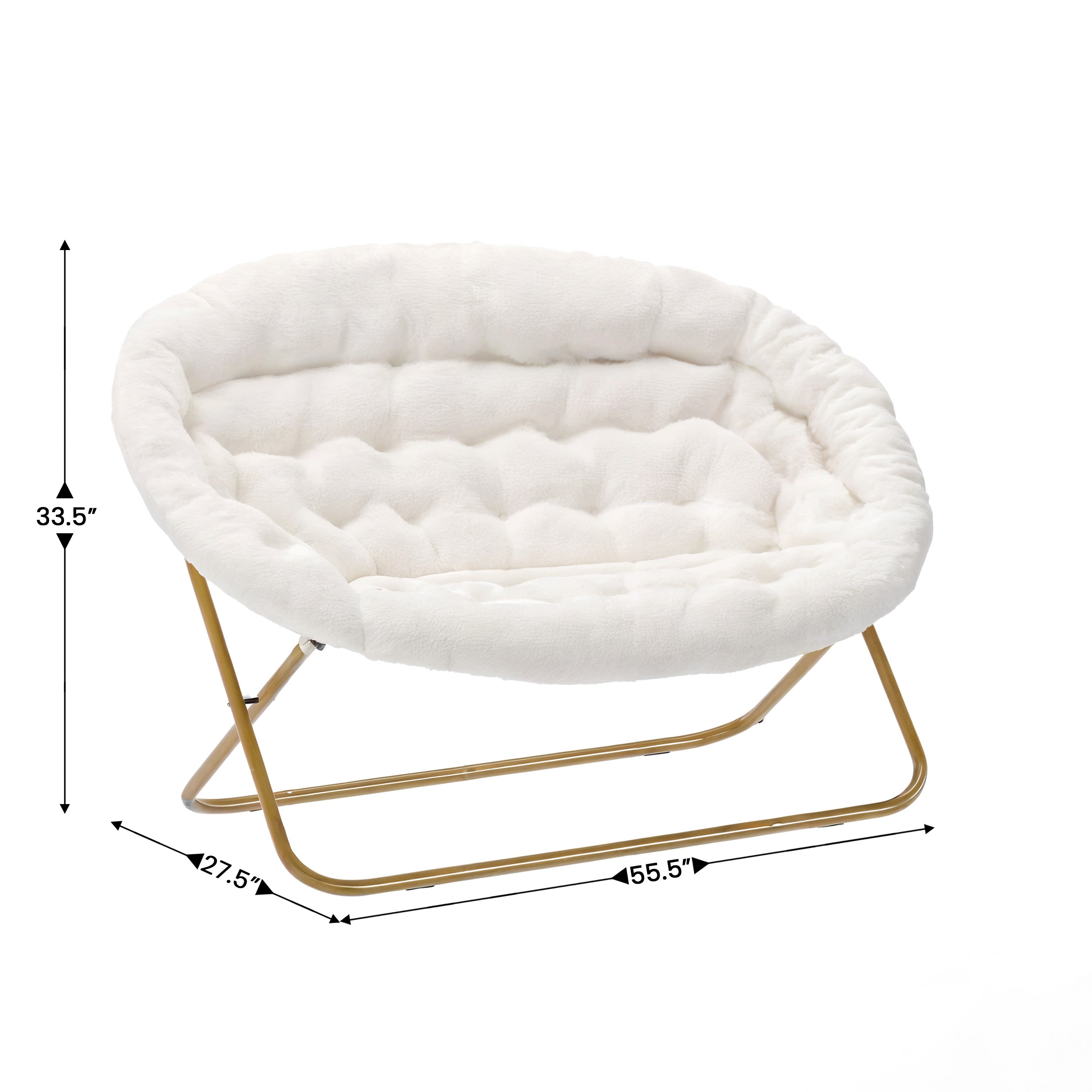 Eleanor 56" Portable Folding Double Saucer Chair in Ivory Faux Shearling with a Soft Gold Steel Frame for Dorm, Living Room, or Bedroom