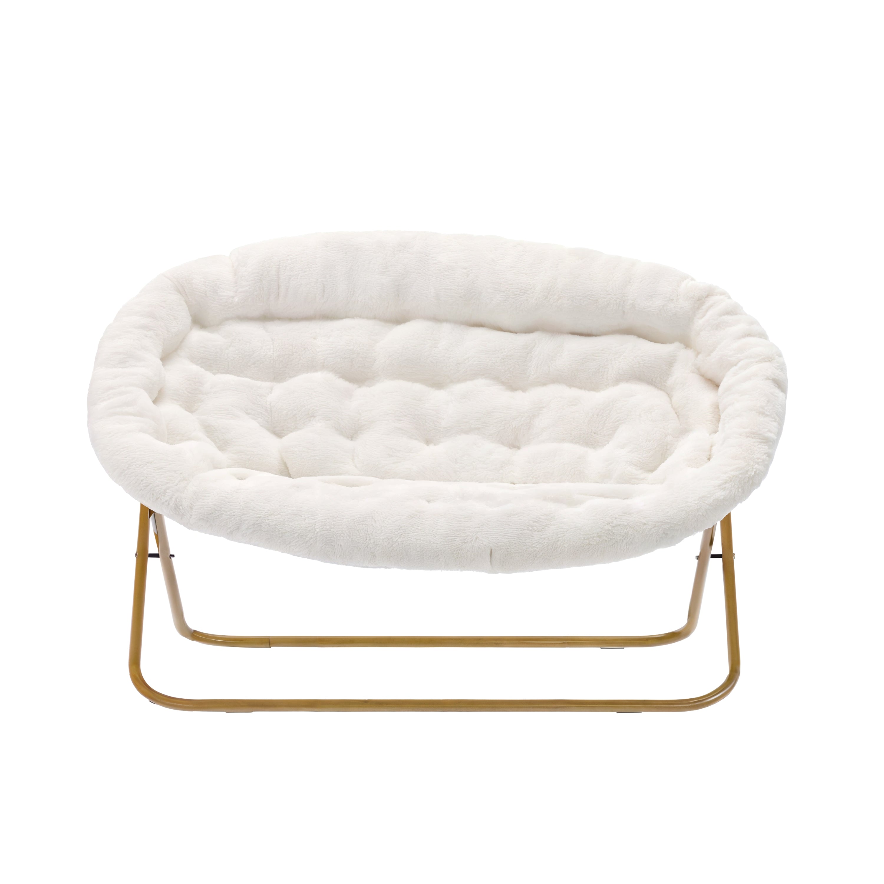 Eleanor 56" Portable Folding Double Saucer Chair in Ivory Faux Shearling with a Soft Gold Steel Frame for Dorm, Living Room, or Bedroom