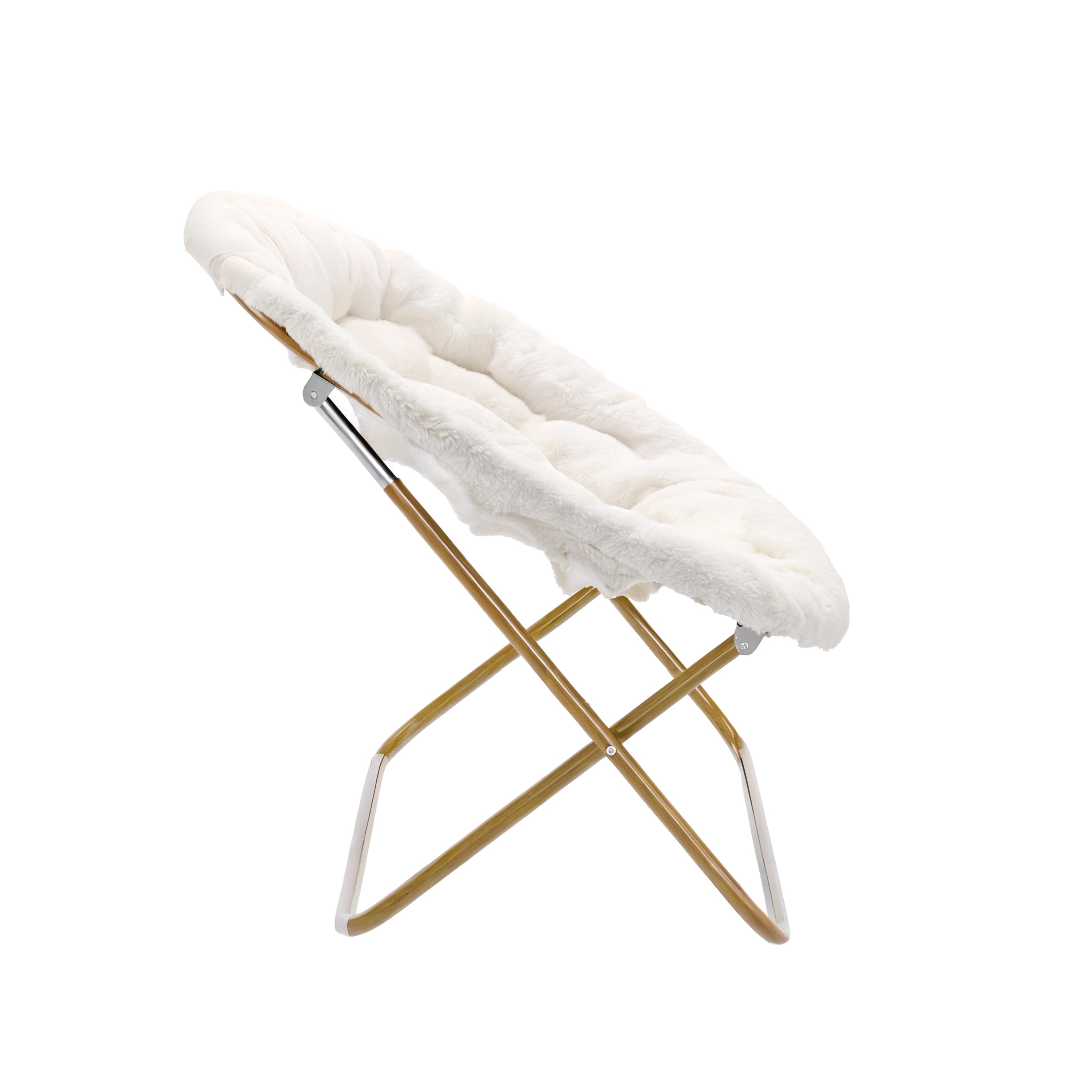 Eleanor 56" Portable Folding Double Saucer Chair in Ivory Faux Shearling with a Soft Gold Steel Frame for Dorm, Living Room, or Bedroom