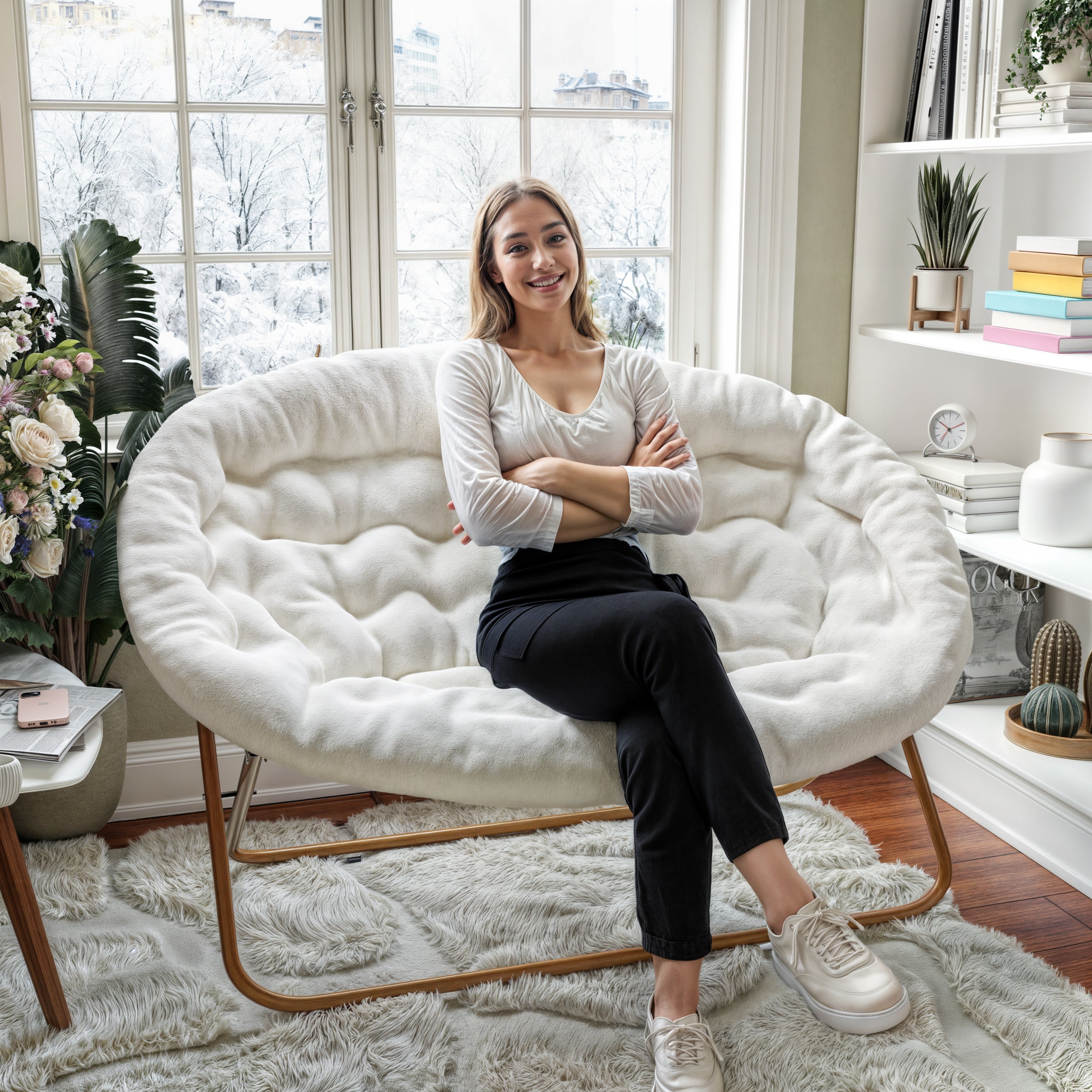Eleanor 56" Portable Folding Double Saucer Chair in Ivory Faux Shearling with a Soft Gold Steel Frame for Dorm, Living Room, or Bedroom
