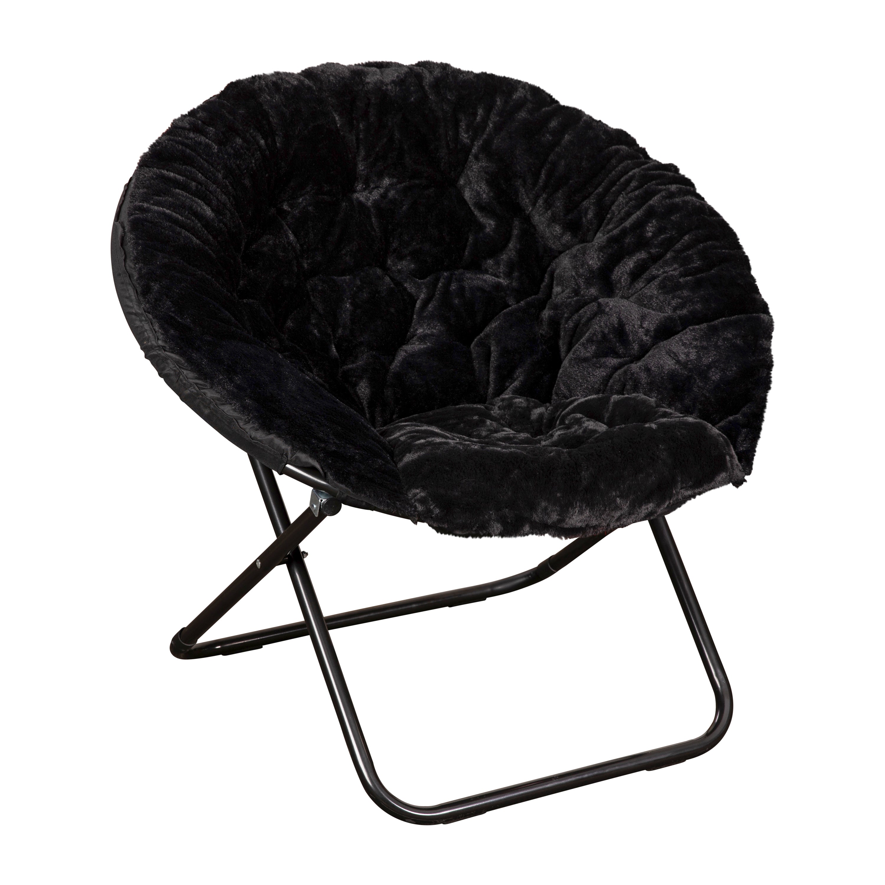 Gwen 38" Oversize Portable Faux Fur Folding Saucer Moon Chair for Dorm and Bedroom, Black Faux Fur/Black Frame