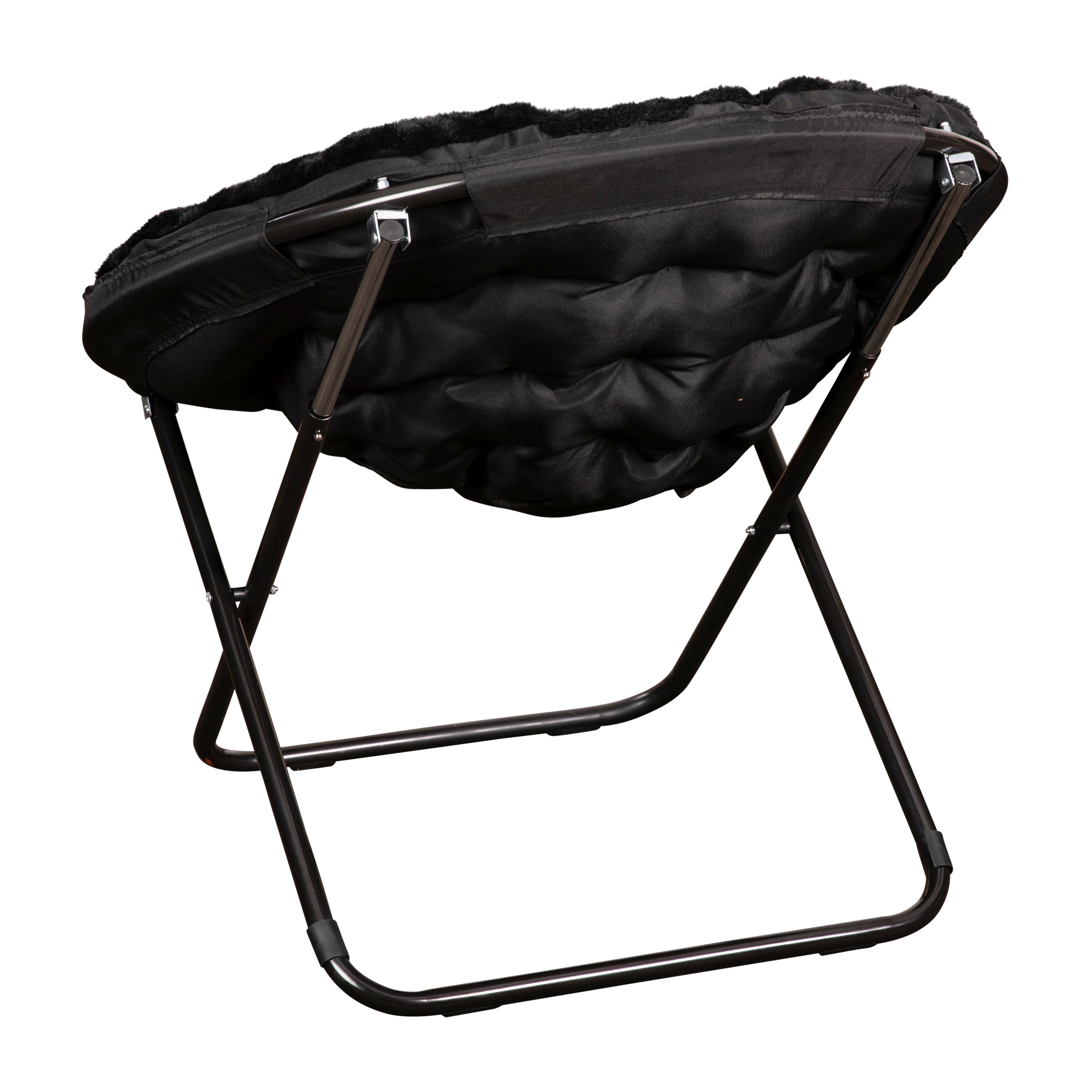 Gwen 38" Oversize Portable Faux Fur Folding Saucer Moon Chair for Dorm and Bedroom, Black Faux Fur/Black Frame
