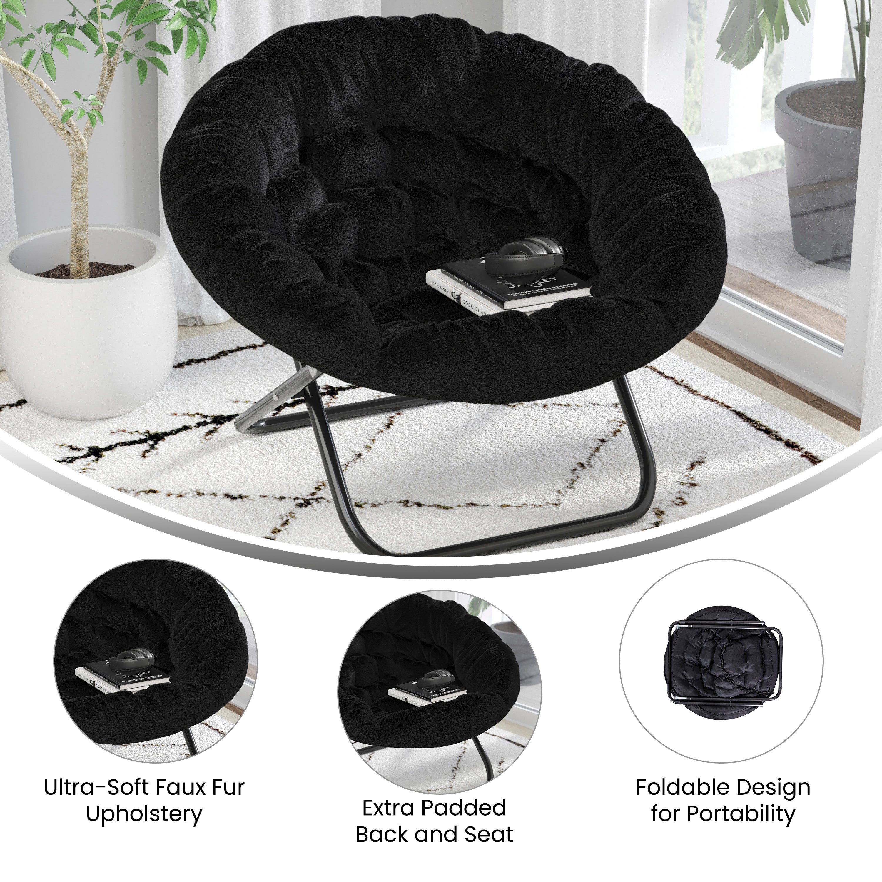 Gwen 38" Oversize Portable Faux Fur Folding Saucer Moon Chair for Dorm and Bedroom, Black Faux Fur/Black Frame