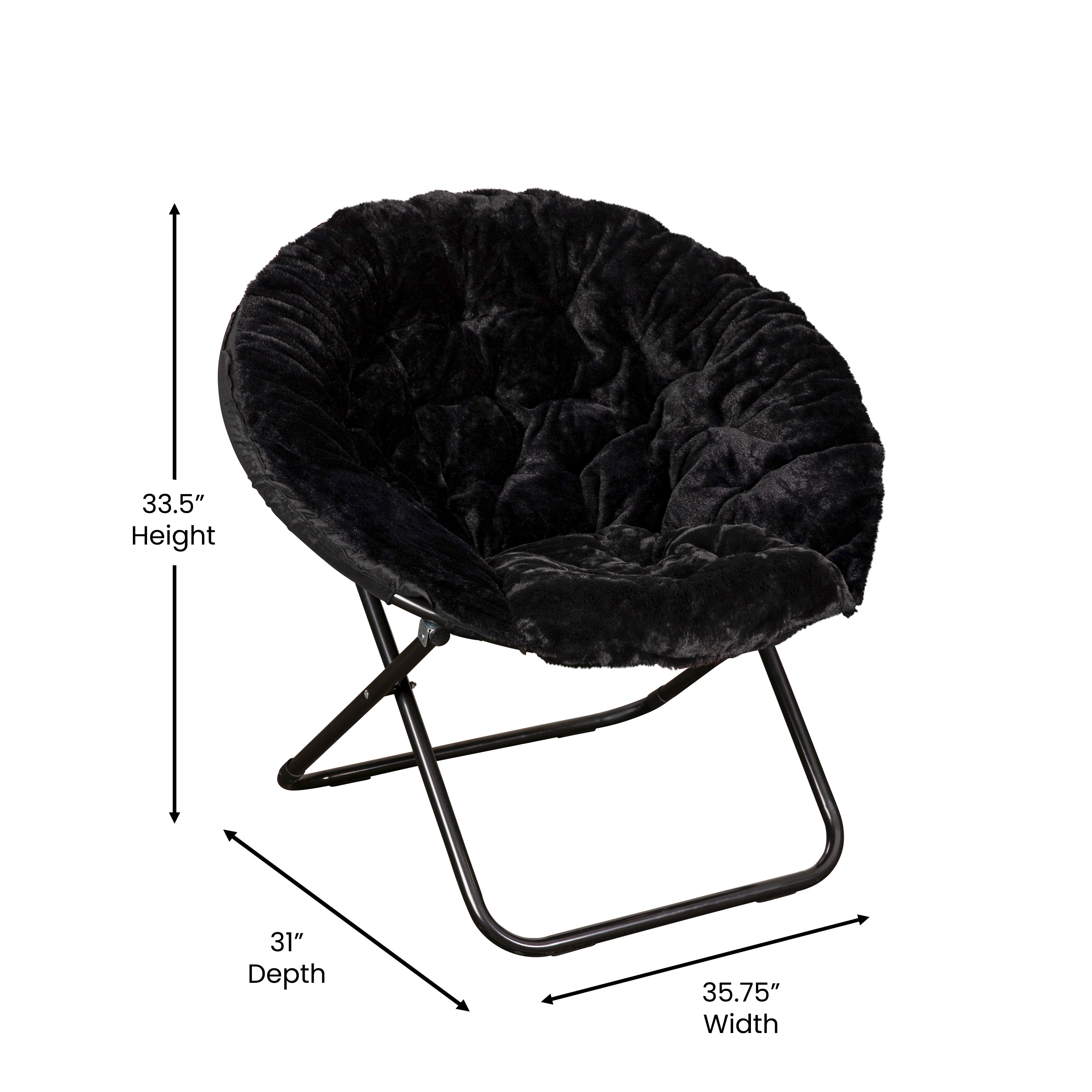 Gwen 38" Oversize Portable Faux Fur Folding Saucer Moon Chair for Dorm and Bedroom, Black Faux Fur/Black Frame