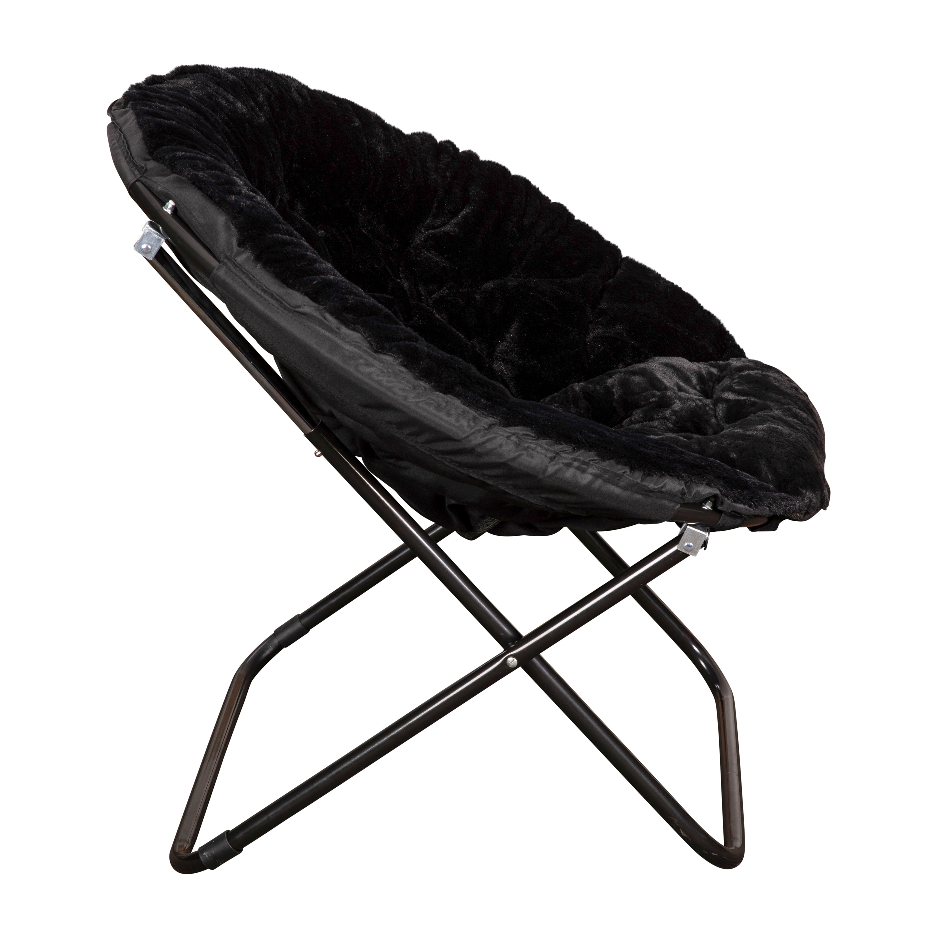 Gwen 38" Oversize Portable Faux Fur Folding Saucer Moon Chair for Dorm and Bedroom, Black Faux Fur/Black Frame