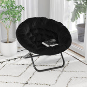 Gwen 38" Oversize Portable Faux Fur Folding Saucer Moon Chair for Dorm and Bedroom, Black Faux Fur/Black Frame