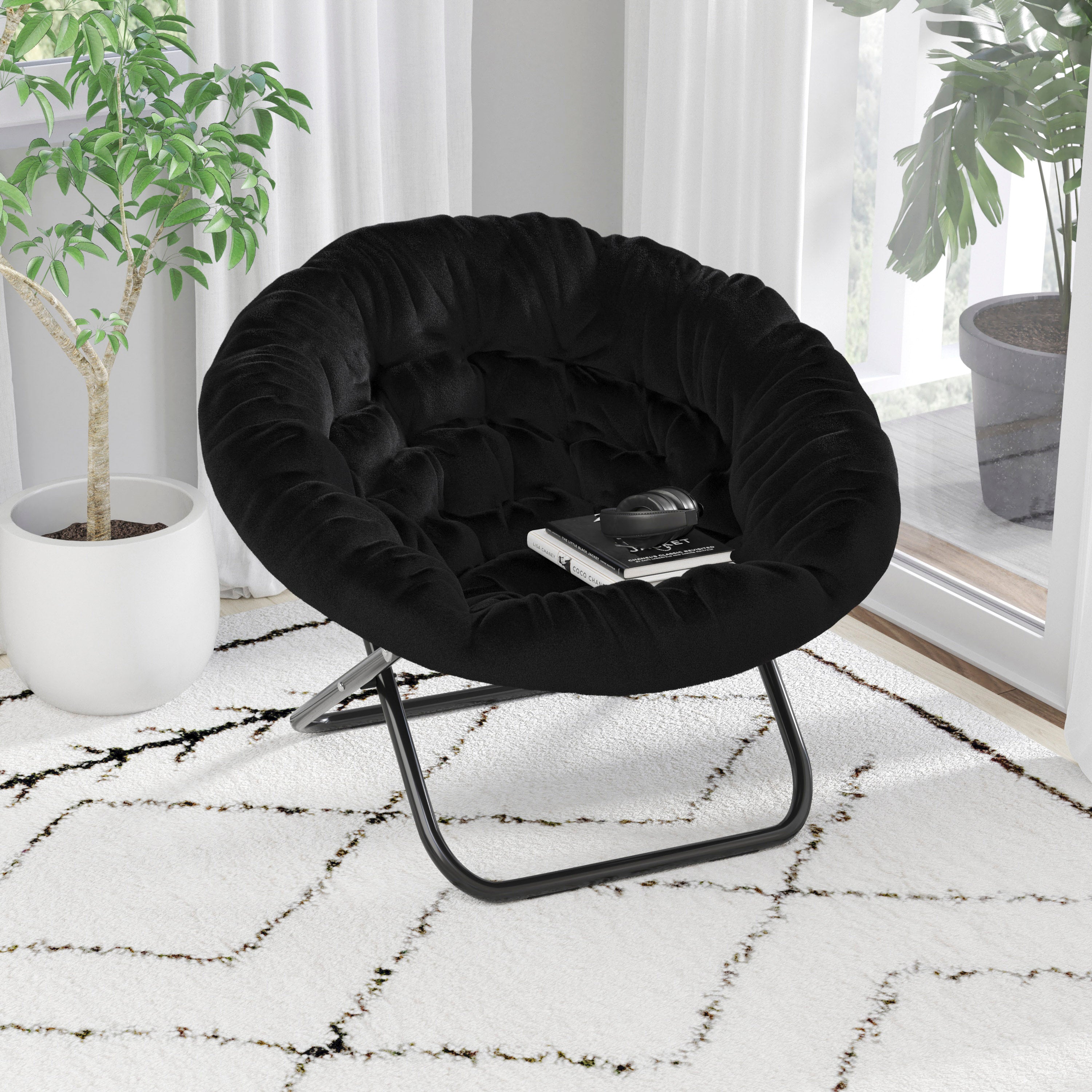 Gwen 38" Oversize Portable Faux Fur Folding Saucer Moon Chair for Dorm and Bedroom, Black Faux Fur/Black Frame