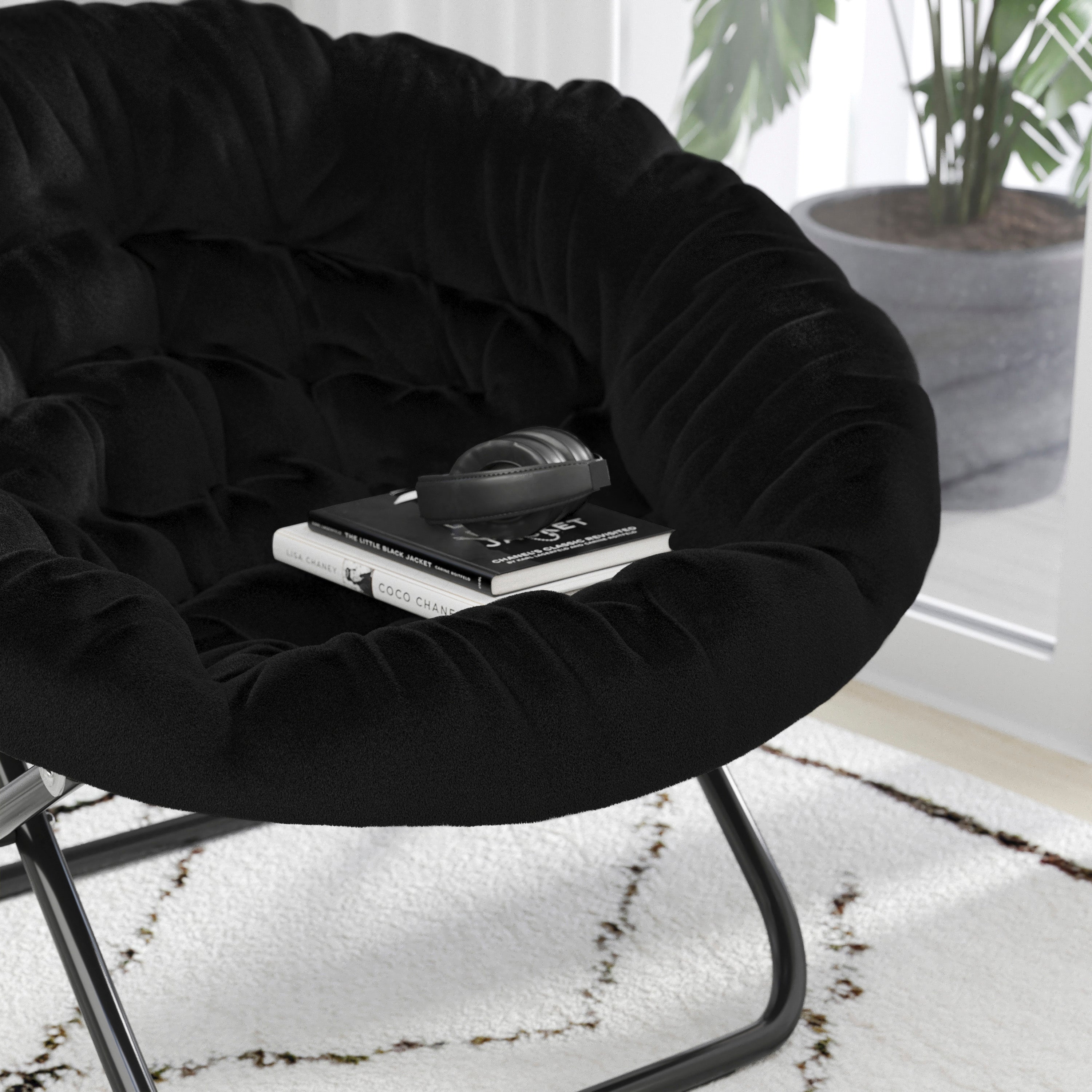 Gwen 38" Oversize Portable Faux Fur Folding Saucer Moon Chair for Dorm and Bedroom, Black Faux Fur/Black Frame