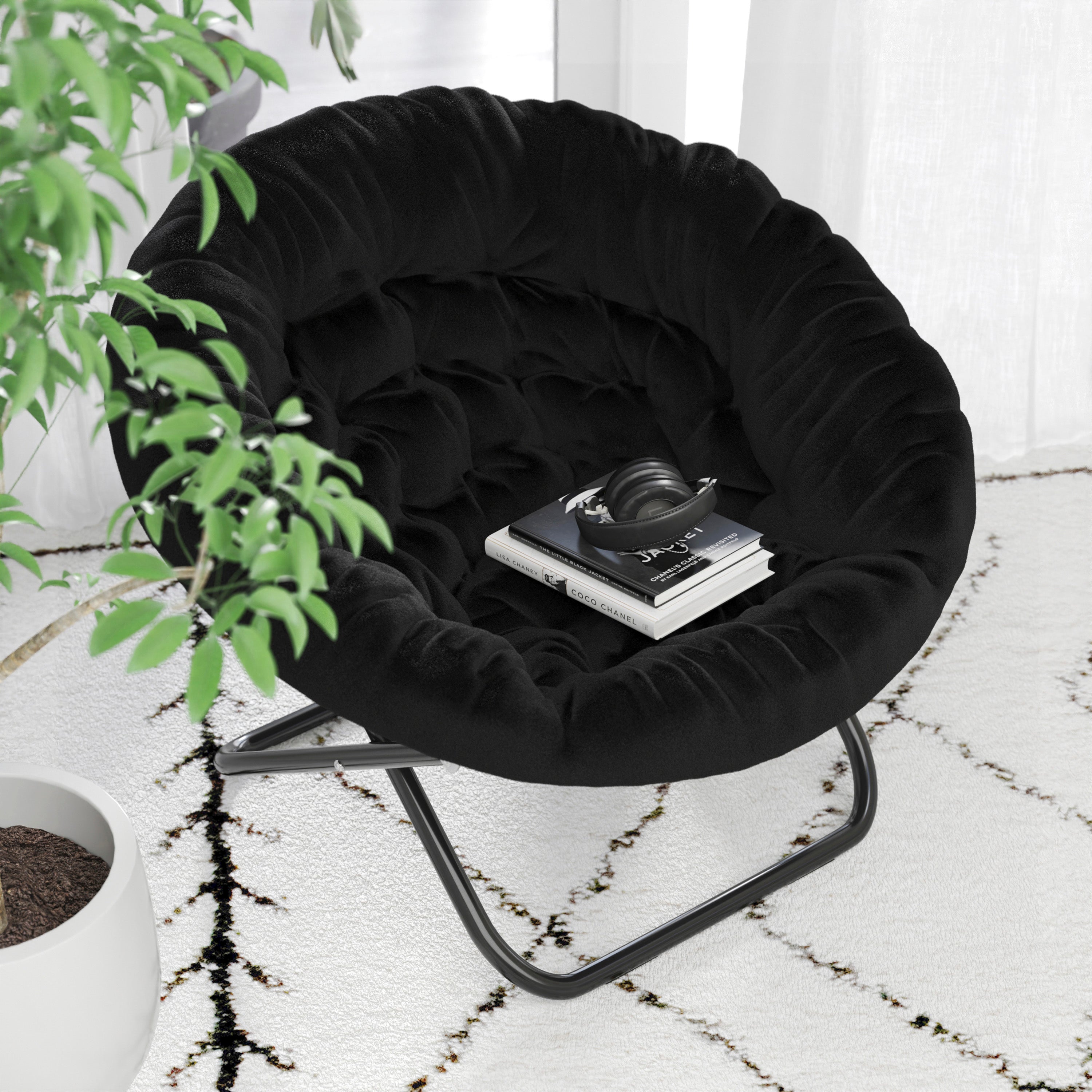Gwen 38" Oversize Portable Faux Fur Folding Saucer Moon Chair for Dorm and Bedroom, Black Faux Fur/Black Frame