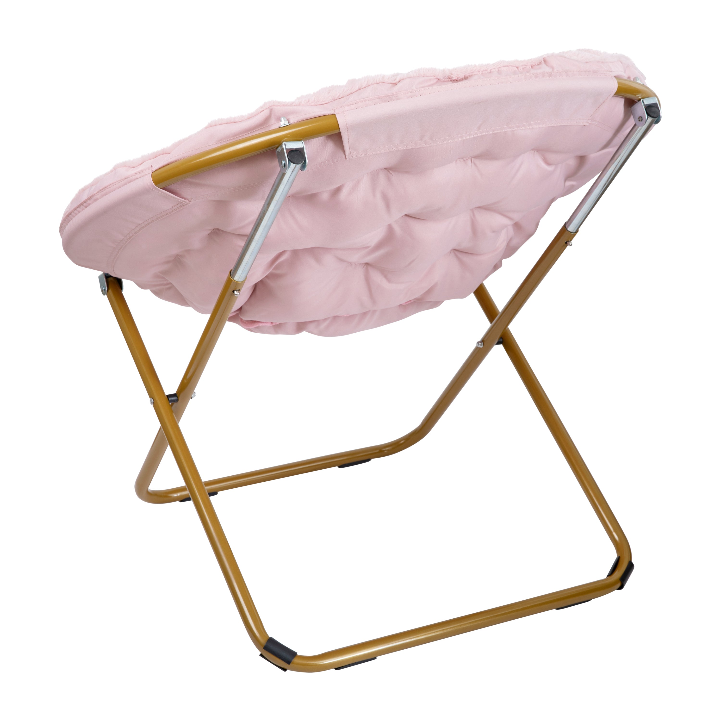 Gwen 38" Oversize Portable Faux Fur Folding Saucer Moon Chair for Dorm and Bedroom, Blush Faux Fur/Soft Gold Frame