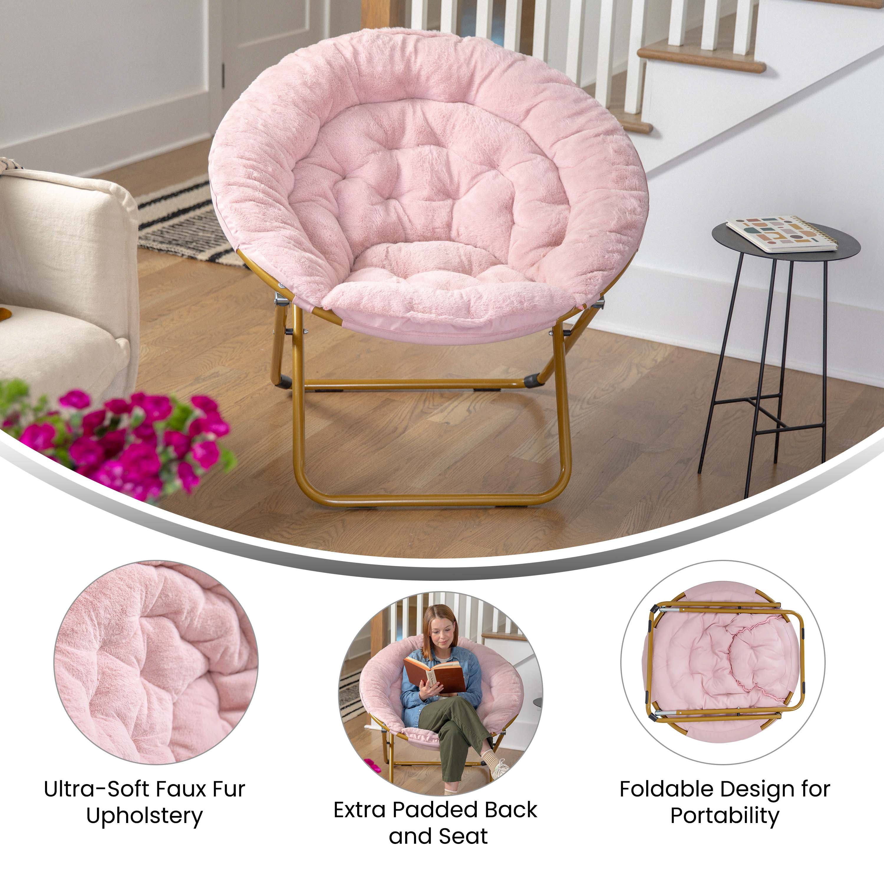 Gwen 38" Oversize Portable Faux Fur Folding Saucer Moon Chair for Dorm and Bedroom, Blush Faux Fur/Soft Gold Frame