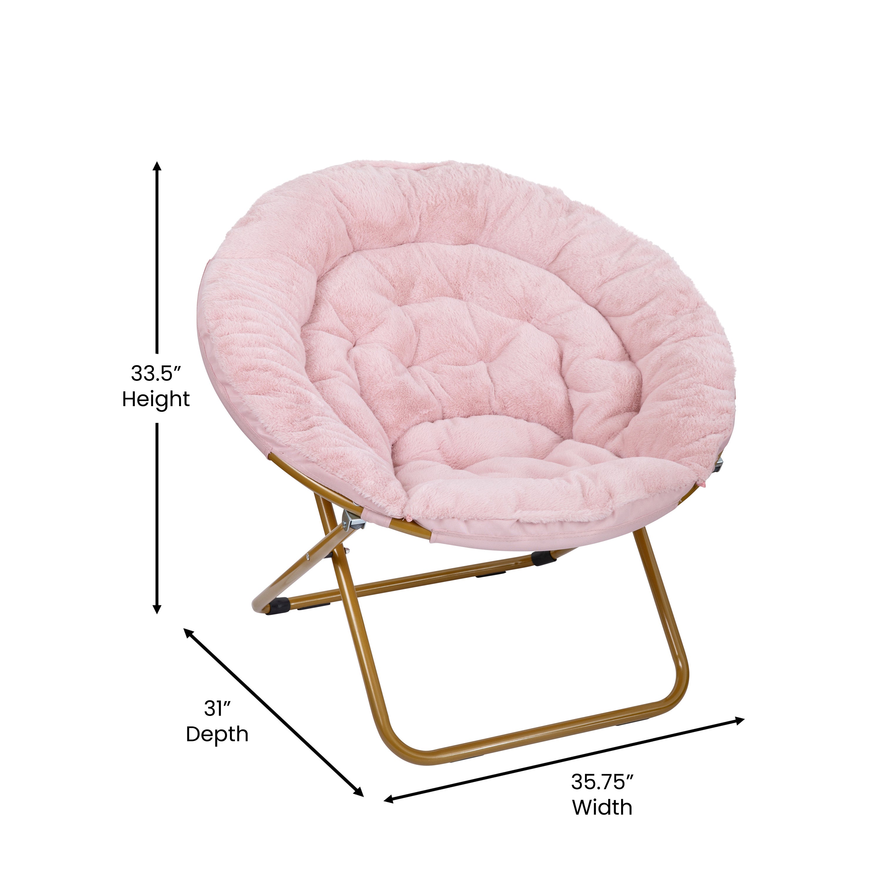 Gwen 38" Oversize Portable Faux Fur Folding Saucer Moon Chair for Dorm and Bedroom, Blush Faux Fur/Soft Gold Frame