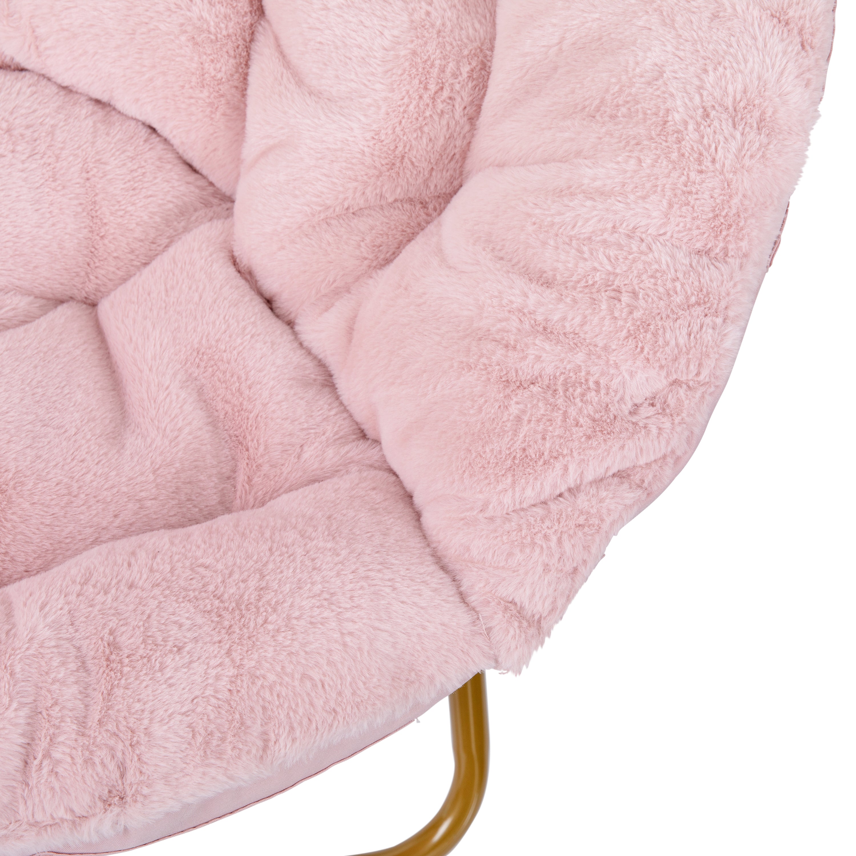 Gwen 38" Oversize Portable Faux Fur Folding Saucer Moon Chair for Dorm and Bedroom, Blush Faux Fur/Soft Gold Frame